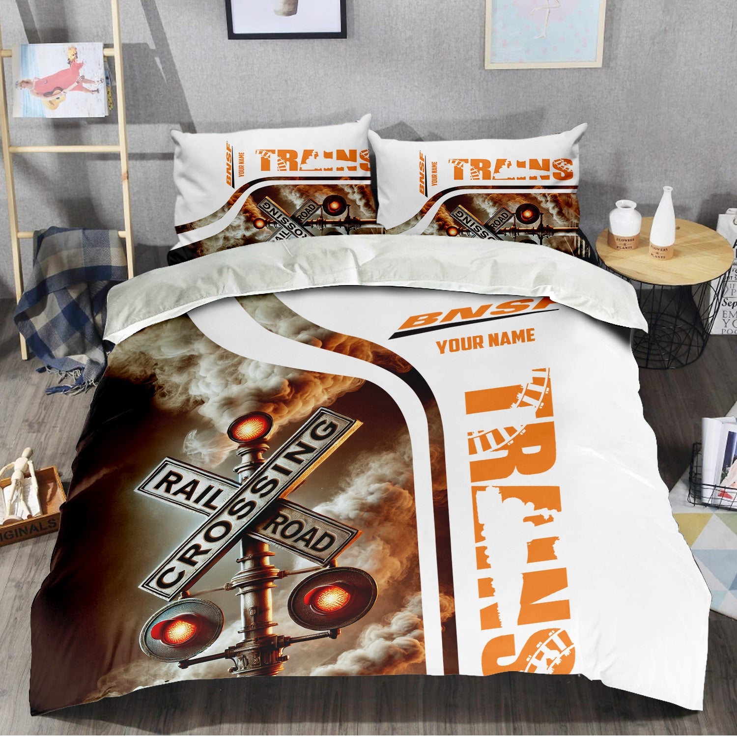 Railspirit Personalized BNSF Railway Bedding Set Railroad Crossing Sign Bedding Set All Over Print