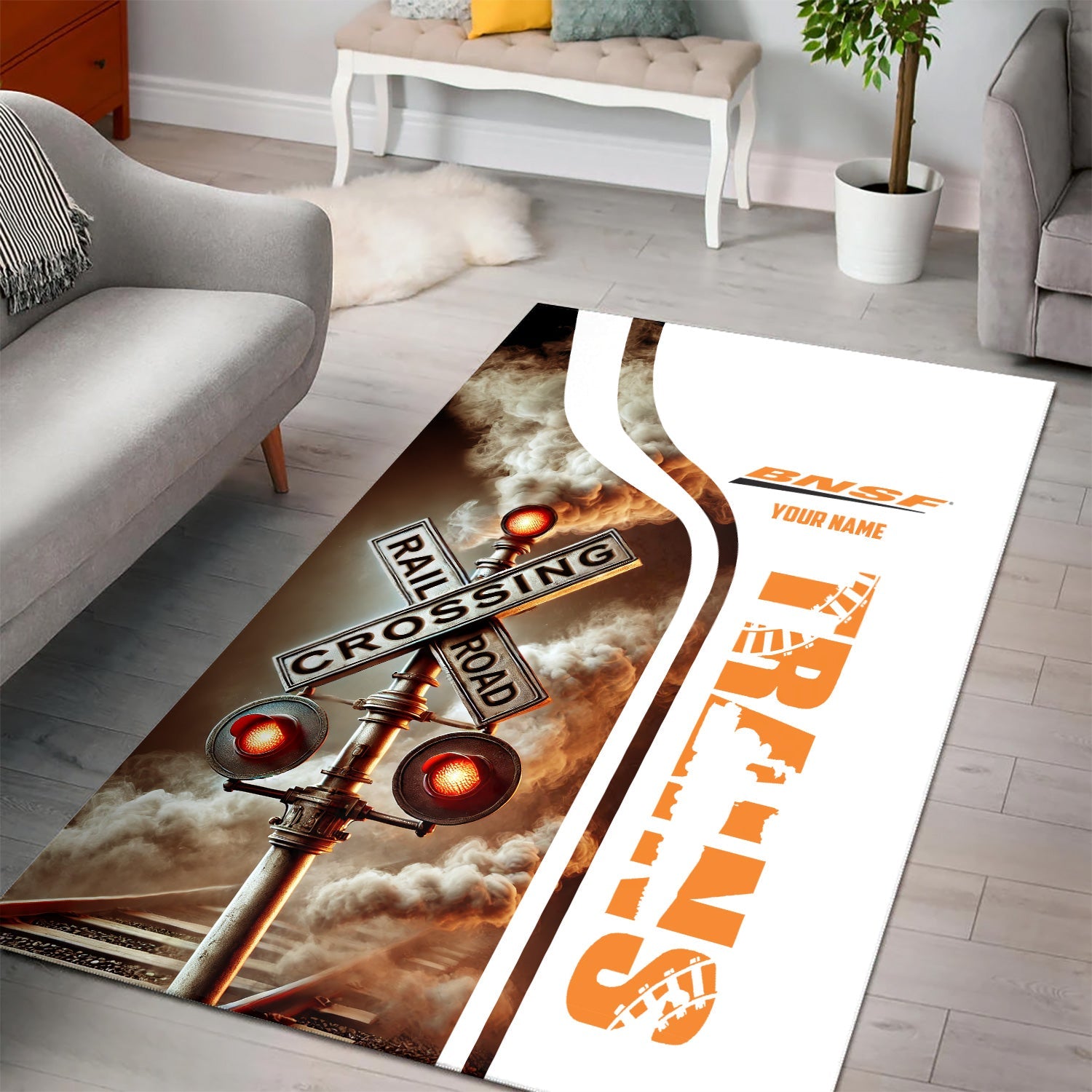 Railspirit Personalized BNSF Railway Area Rug Railroad Crossing Sign Rug All Over Print