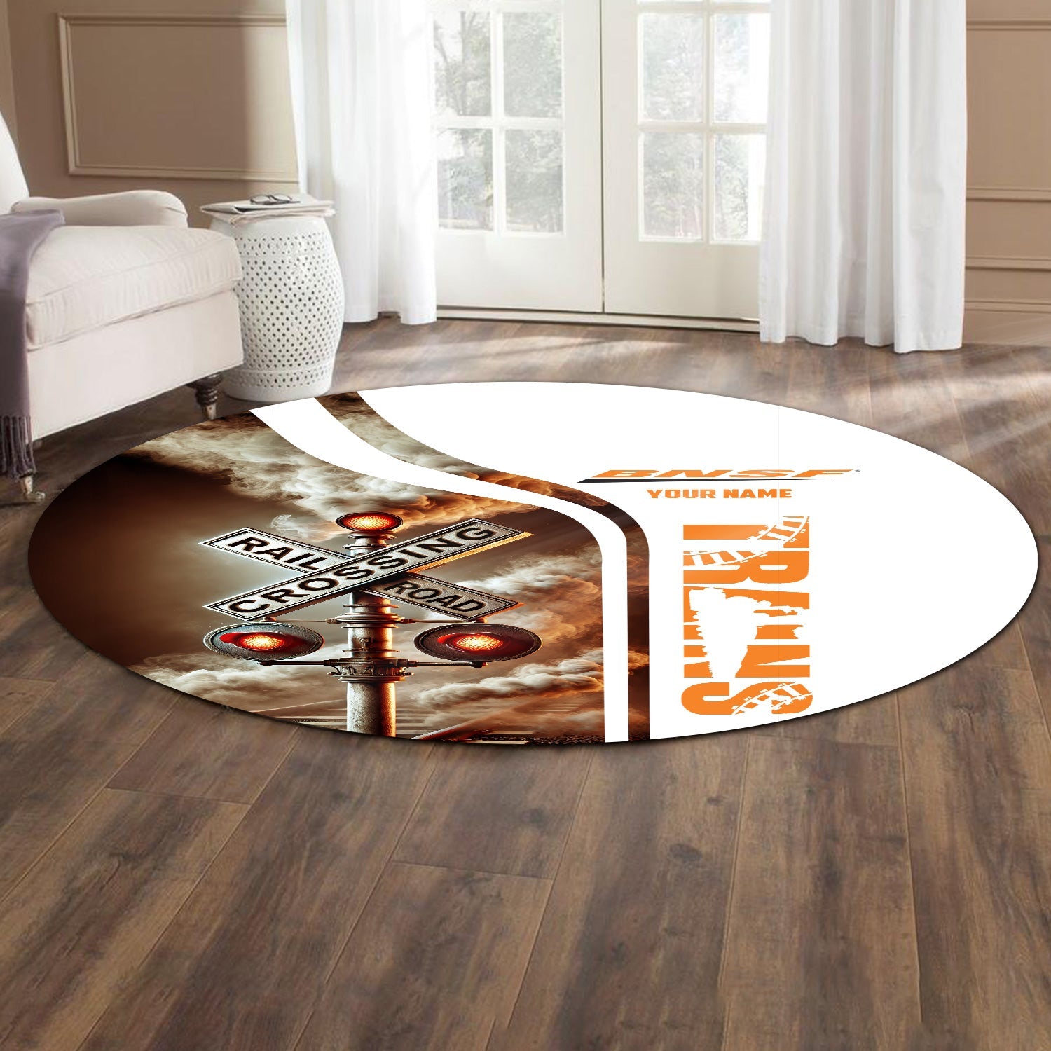 Railspirit Personalized BNSF Railway Round Mat Railroad Crossing Sign Mat All Over Print