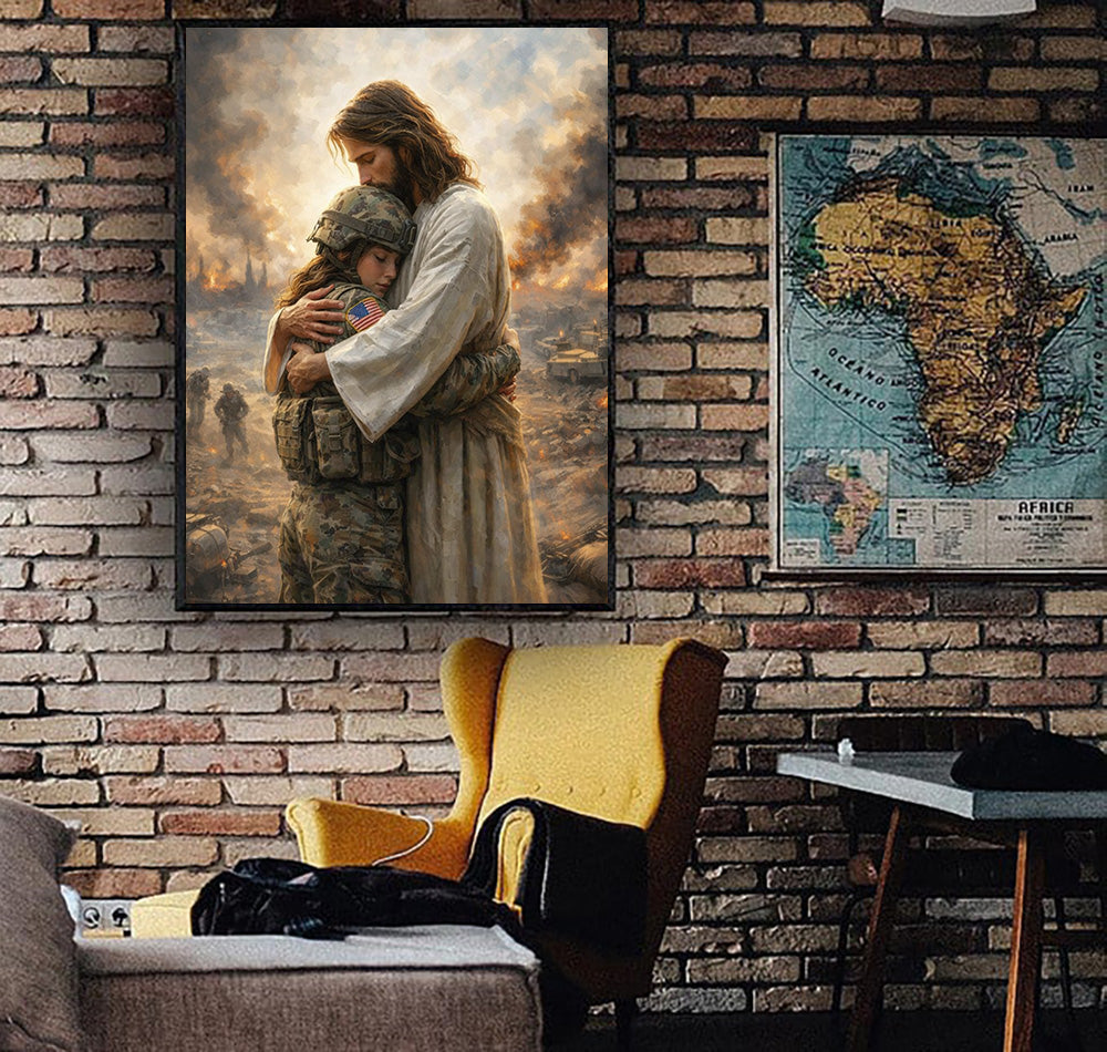 Jesus Hugging Soldier Canvas Wall Art Christian Military Wall Decor Faith Healing Artwork Gift For Veteran Patriotic Wall Art