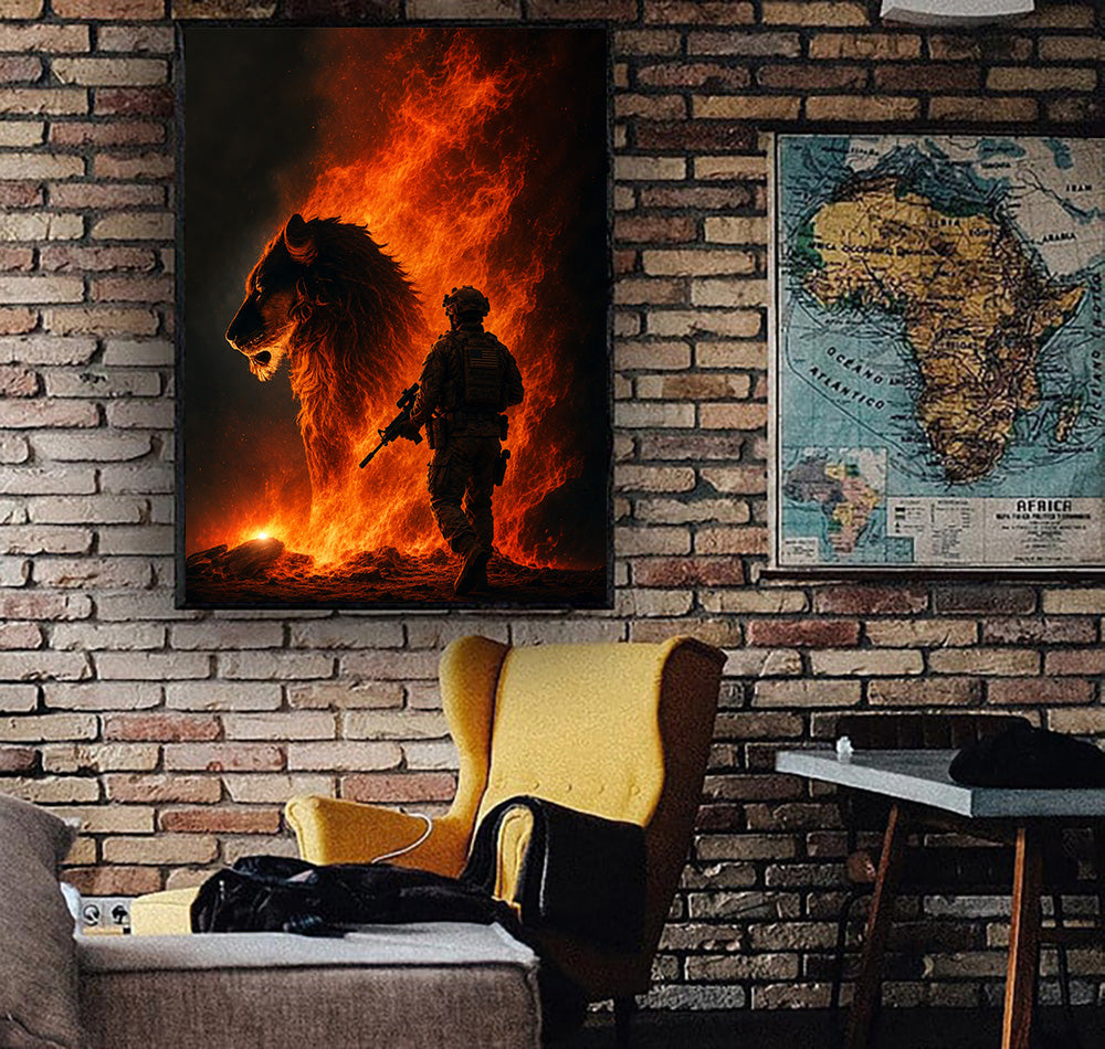 Fire Lion Soldier Printed Canvas Wall Art, Father’s Day Gift for Dad, Military Wall Art with Warrior and Flame Lion Design