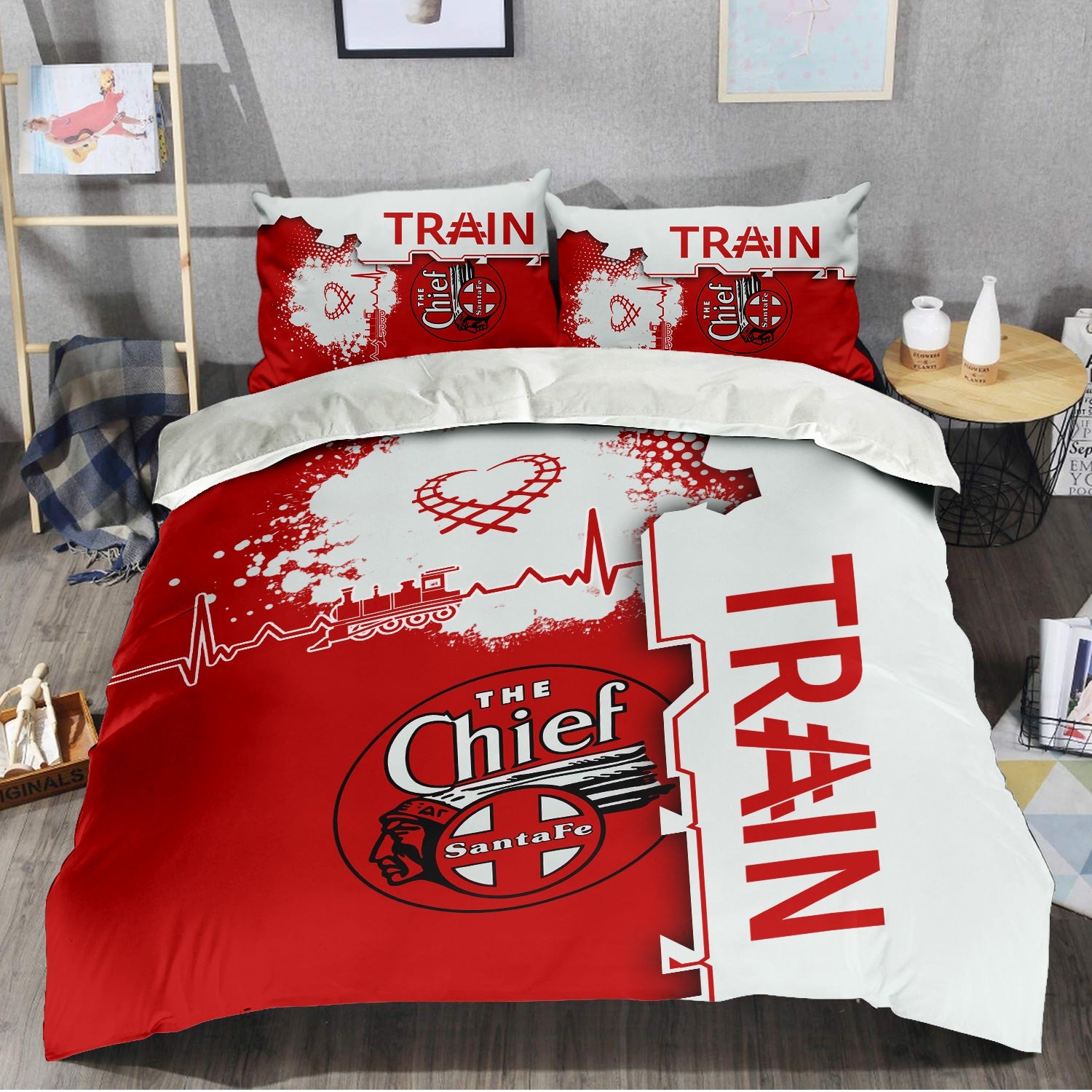 Railspirit The Chief Santa Fe Railroad Bedding Set Engine Heartbeat and Track Love Style Bedding Set Gift Idea For Train Lovers