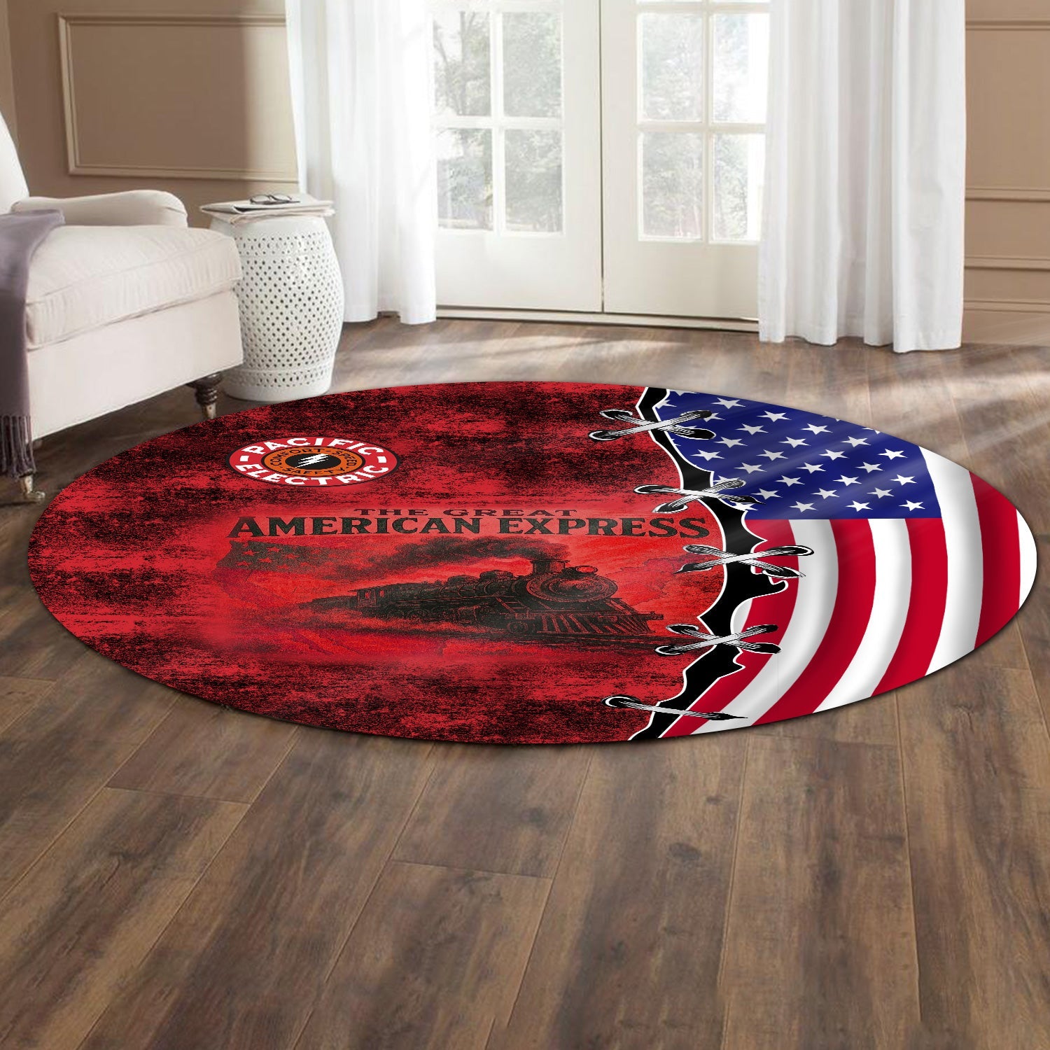 Railspirit Pacific Electric Railroad Round Mat Retro American Express Train With USA Flag Round Mat