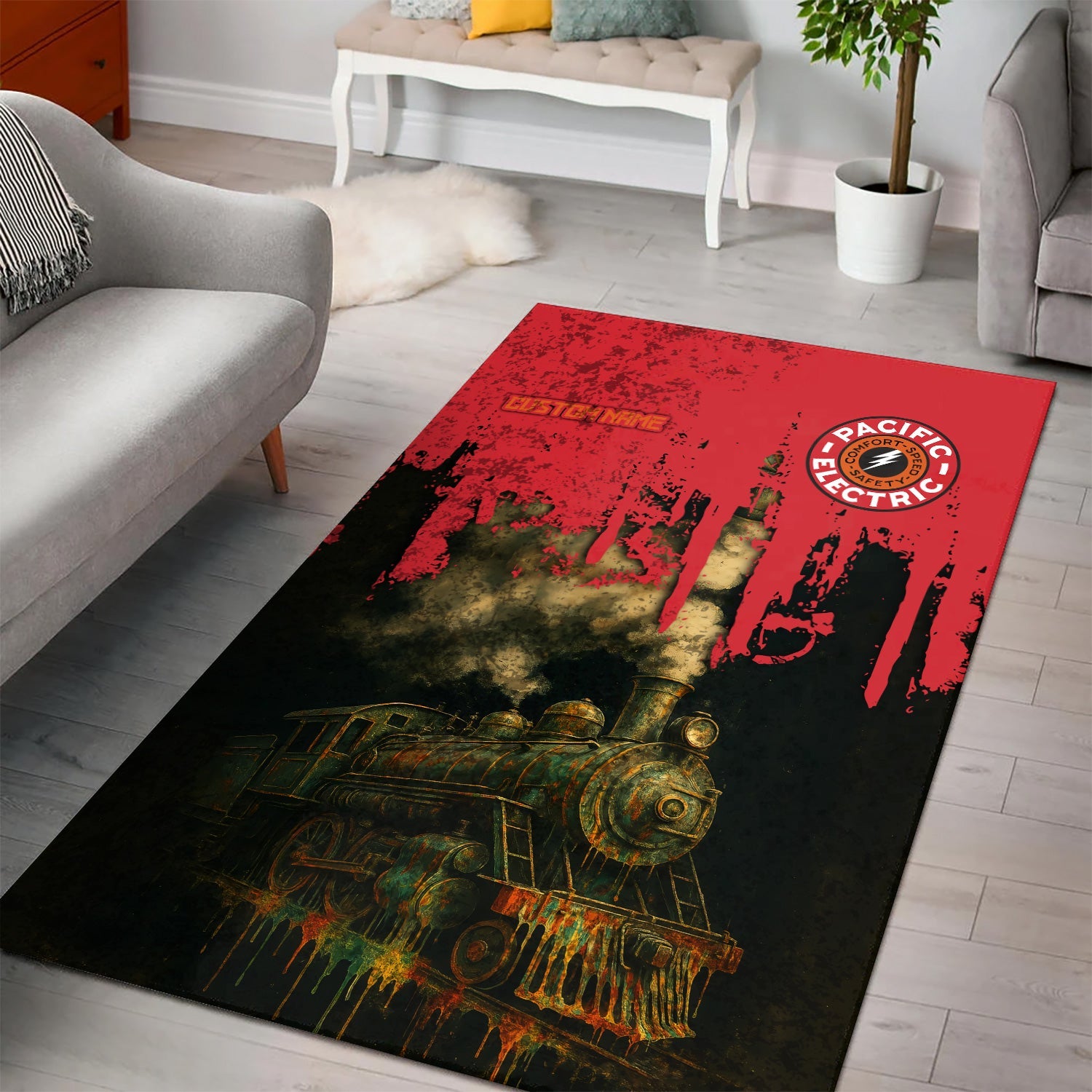 Railspirit Personalized Pacific Electric Railroad Area Rug Vintage Train Art Style Rug For Locomotive Fans