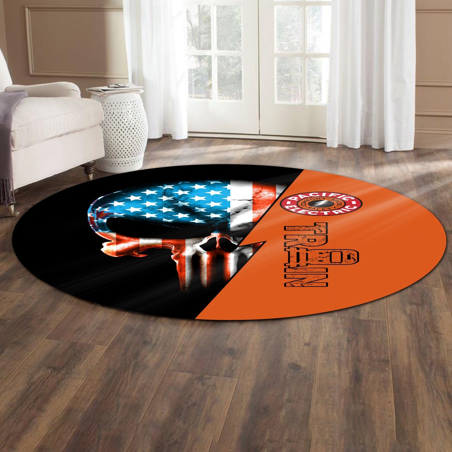 Railspirit Pacific Electric Railroad Round Mat Train Skull American Flag Style Rug All Over Print