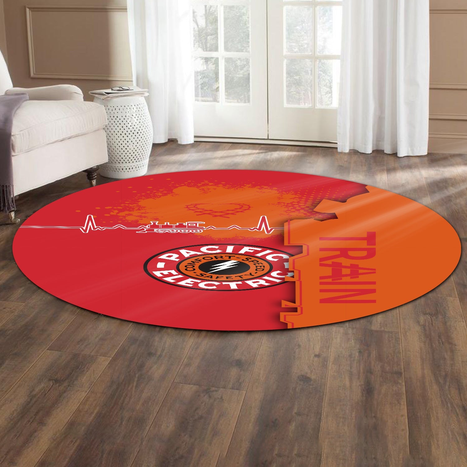 Railspirit Pacific Electric Railroad Round Mat Engine Heartbeat and Track Love Style Mat Gift Idea For Train Lovers