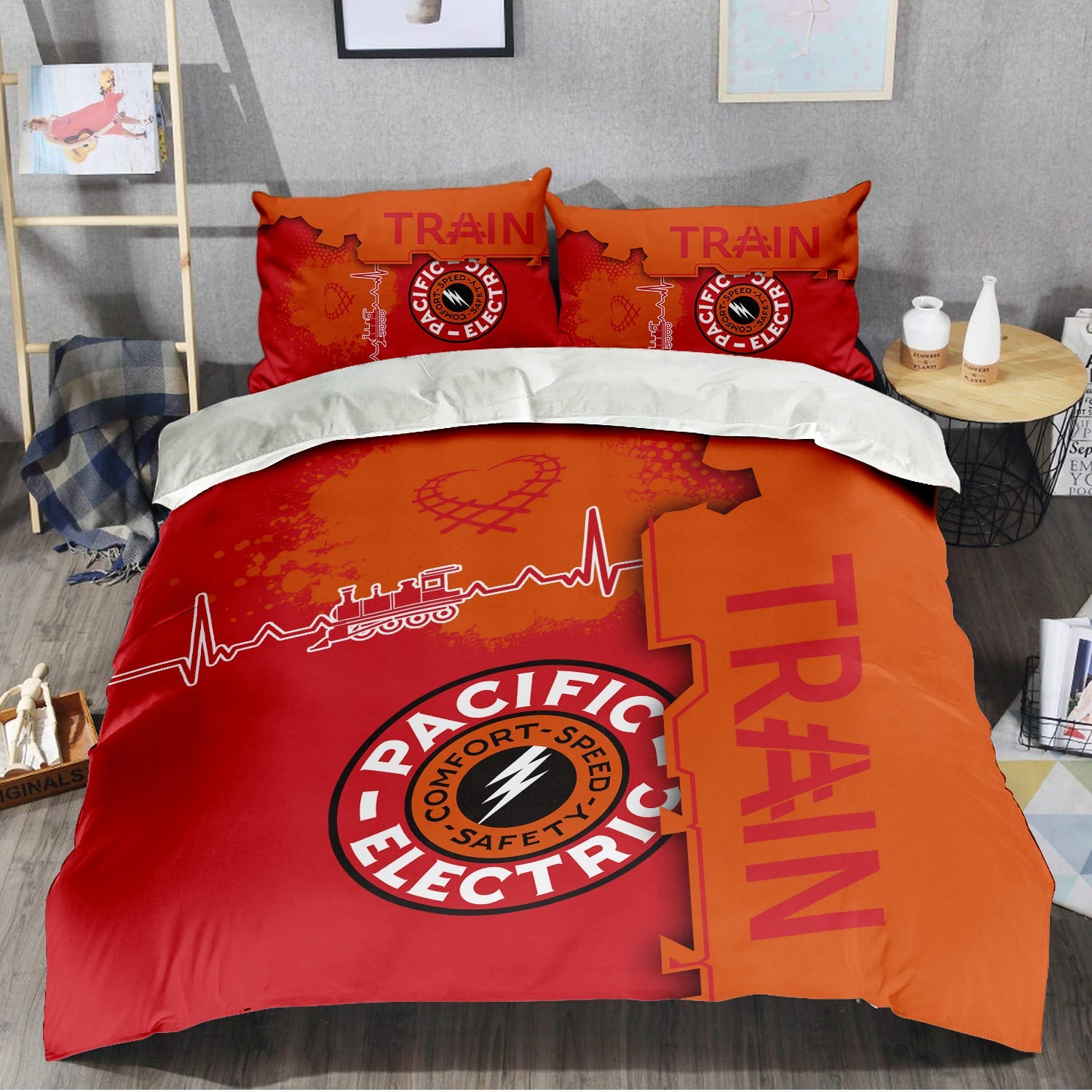 Railspirit Pacific Electric Railroad Bedding Set Engine Heartbeat and Track Love Style Bedding Set Gift Idea For Train Lovers