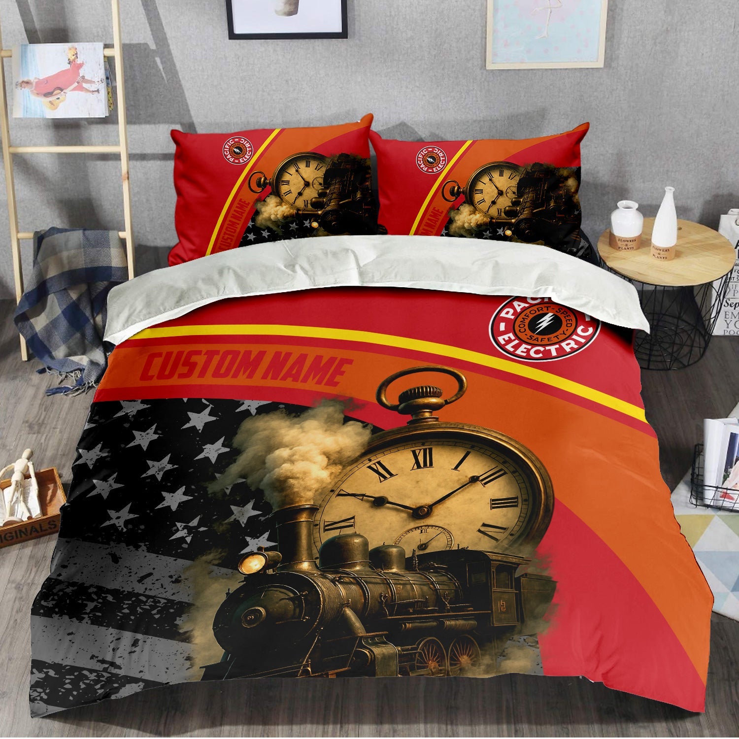 Railspirit Personalized Pacific Electric Railroad Bedding Set Classic Steam Engine With Retro Pocket Watch Bedding Set All Over Print
