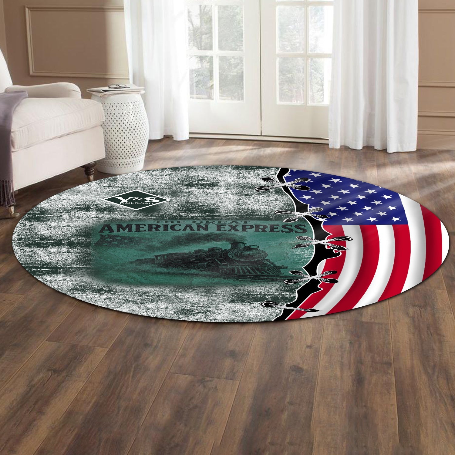 Railspirit Youngstown & Southern Railroad Round Mat Retro American Express Train With USA Flag Round Mat