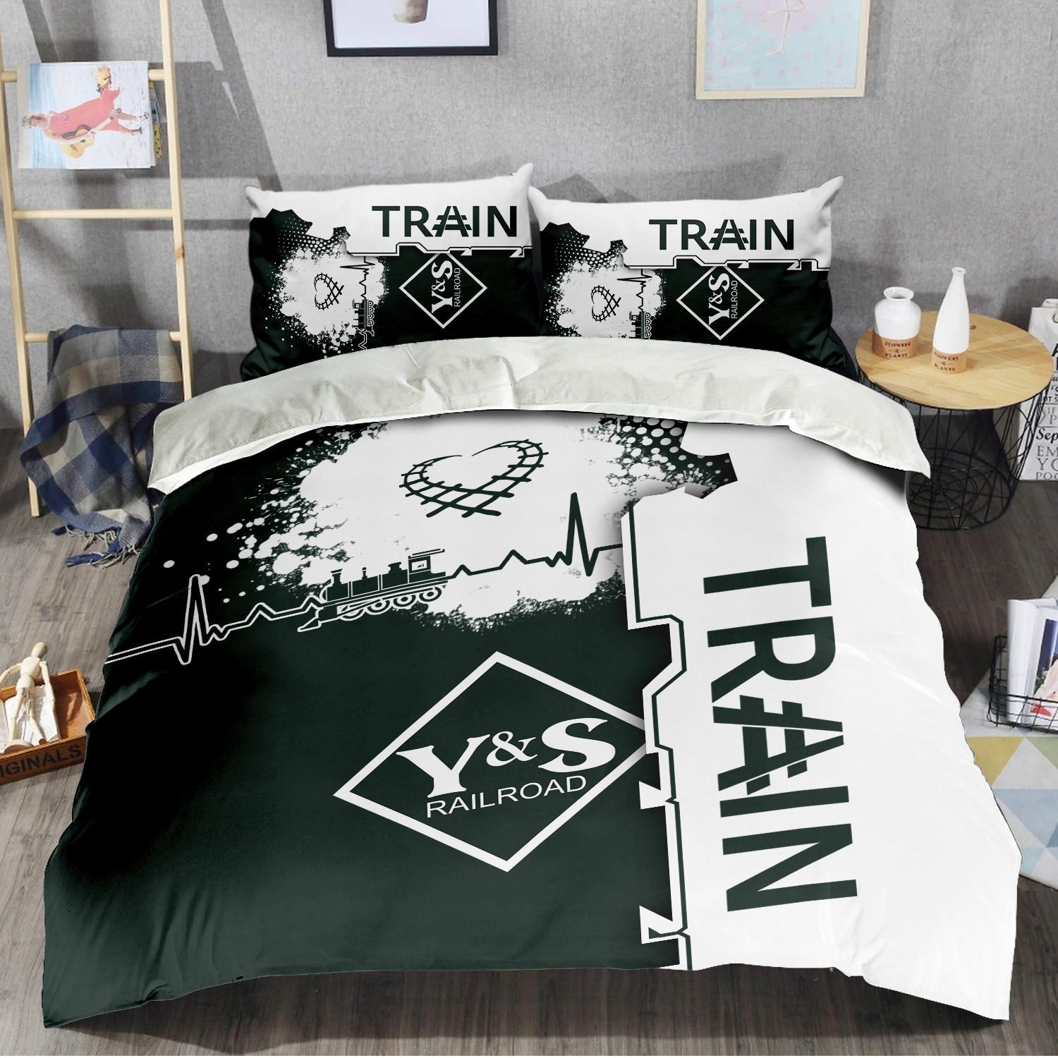 Railspirit Youngstown & Southern Railroad Bedding Set Engine Heartbeat and Track Love Style Bedding Set Gift Idea For Train Lovers