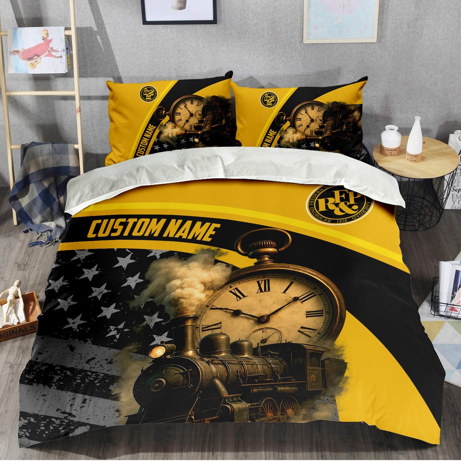 Railspirit Personalized Richmond, Fredericksburg And Potomac Railroad Bedding Set Classic Steam Engine With Retro Pocket Watch Bedding Set