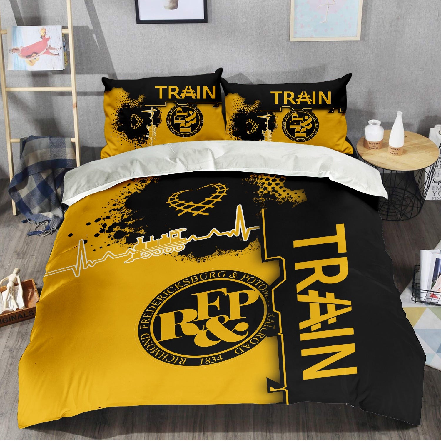 Railspirit Richmond, Fredericksburg And Potomac Railroad Bedding Set Engine Heartbeat and Track Love Style Bedding Set Gift Idea For Train Lovers