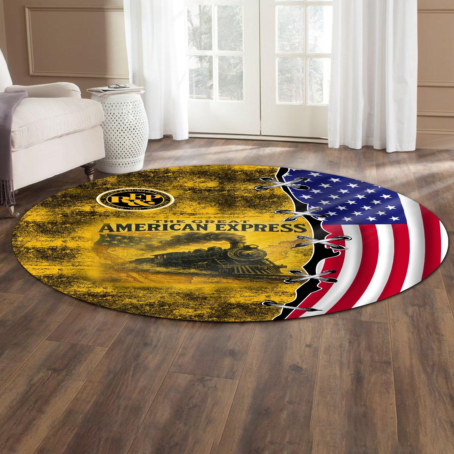 Railspirit Richmond, Fredericksburg And Potomac Railroad Round Mat Retro American Express Train With USA Flag Round Mat