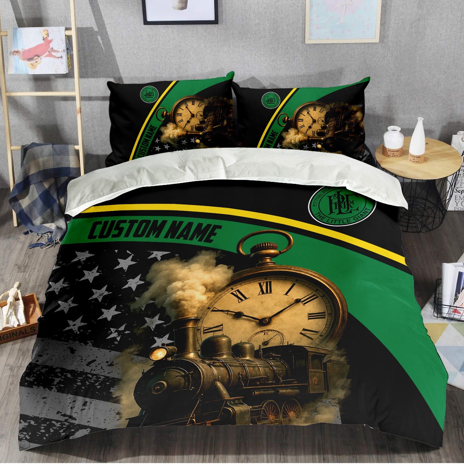 Railspirit Personalized Pittsburgh And Lake Erie Railroad Bedding Set Classic Steam Engine With Retro Pocket Watch Bedding Set All Over Print
