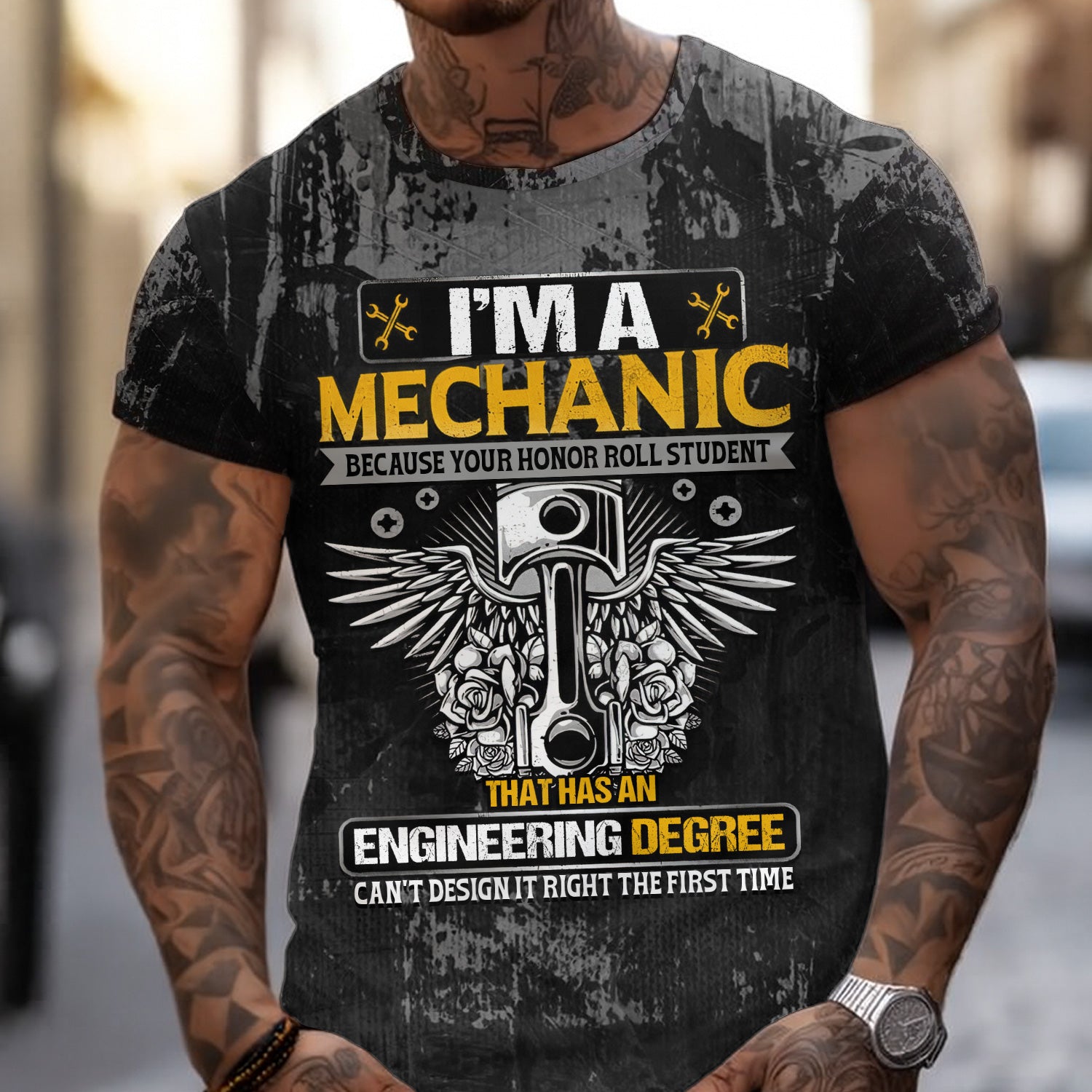 I’m a Mechanic T-Shirt, Funny Quote About Fixing What Engineering Degrees Can’t Design Right, Perfect Gift for Auto Techs & Garage Mechanics