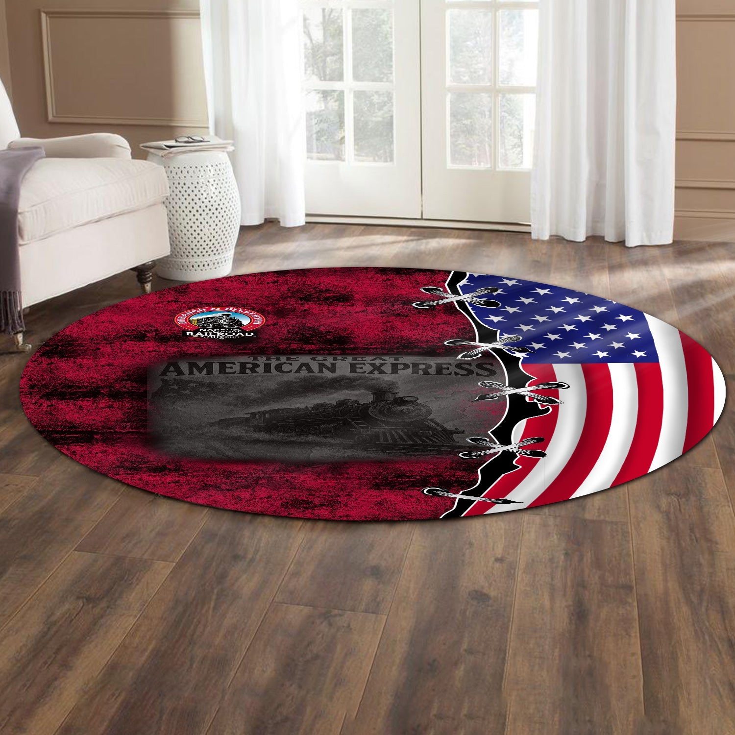 Railspirit Durango And Silverton Narrow Gauge Railroad Round Mat Retro American Express Train With USA Flag Round Mat