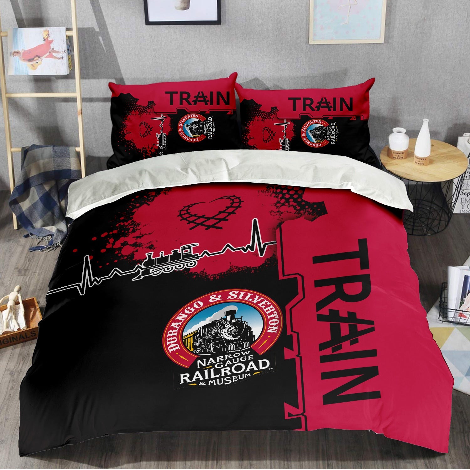 Railspirit Durango And Silverton Narrow Gauge Railroad Bedding Set Engine Heartbeat and Track Love Style Bedding Set Gift Idea For Train Lovers