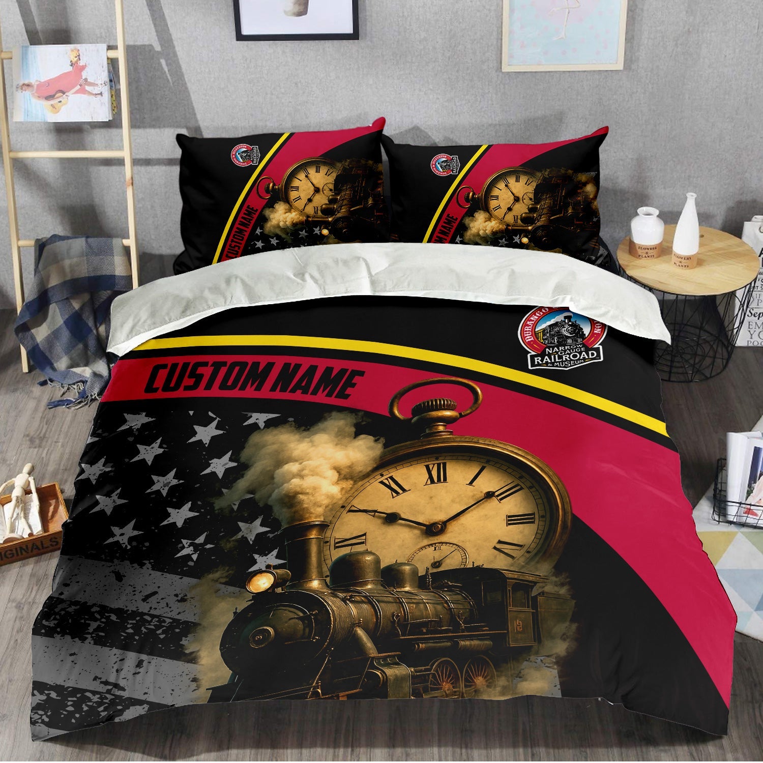 Railspirit Personalized Durango And Silverton Narrow Gauge Railroad Bedding Set Classic Steam Engine With Retro Pocket Watch Bedding Set