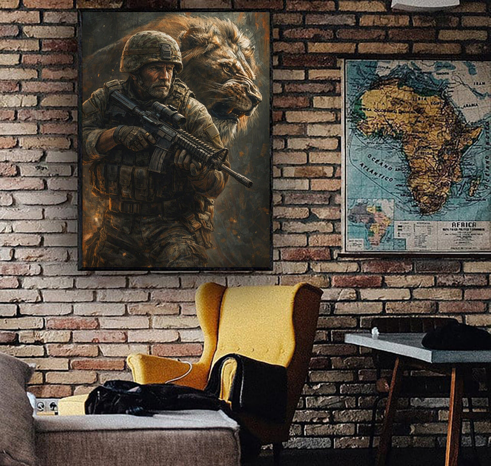 Lion Warrior Canvas Wall Art Strong Soldier With Lion Spirit Father Day Gift Idea For Dad Military Style Home Decor