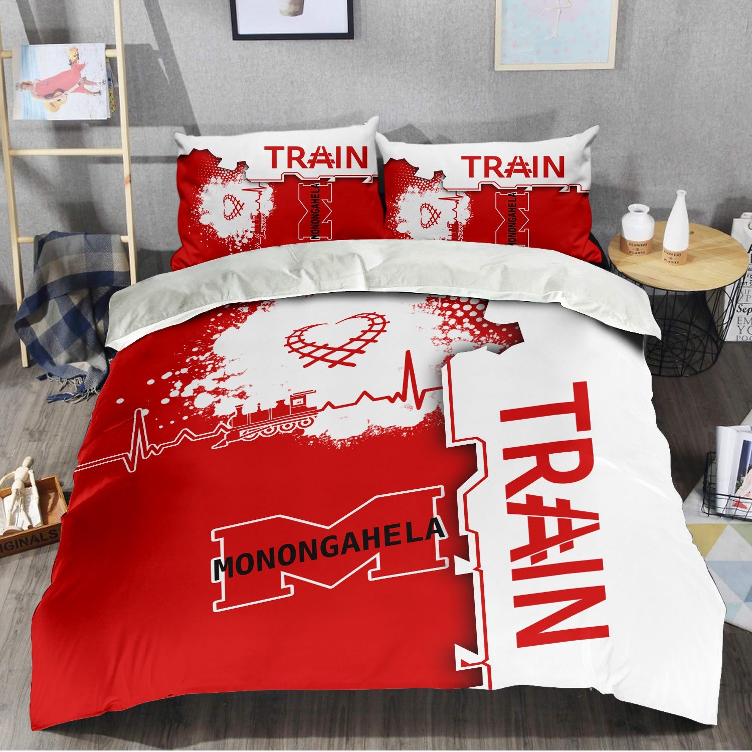 Railspirit Monongahela Railroad Bedding Set Engine Heartbeat and Track Love Style Bedding Set Gift Idea For Train Lovers