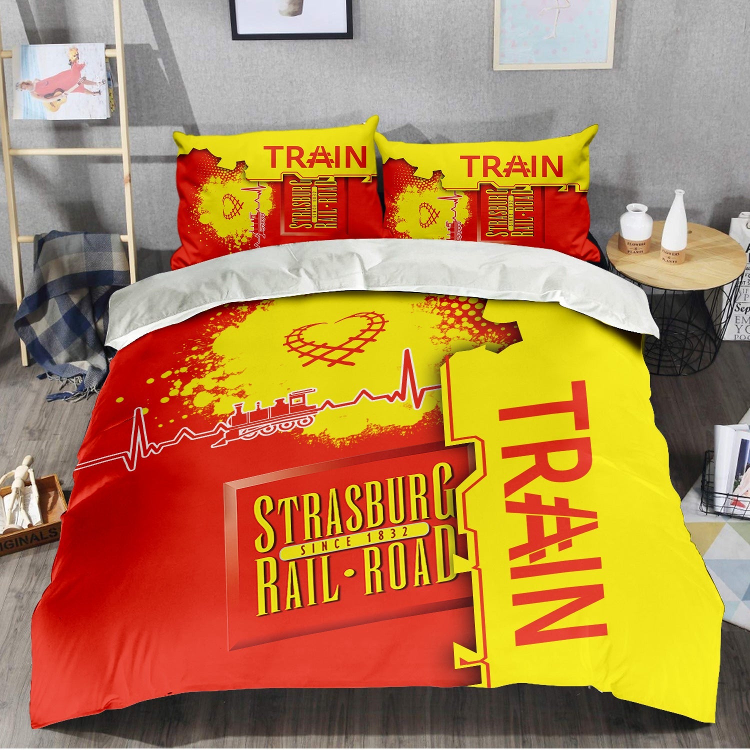 Railspirit Strasburg Railroad Bedding Set Engine Heartbeat and Track Love Style Bedding Set Gift Idea For Train Lovers