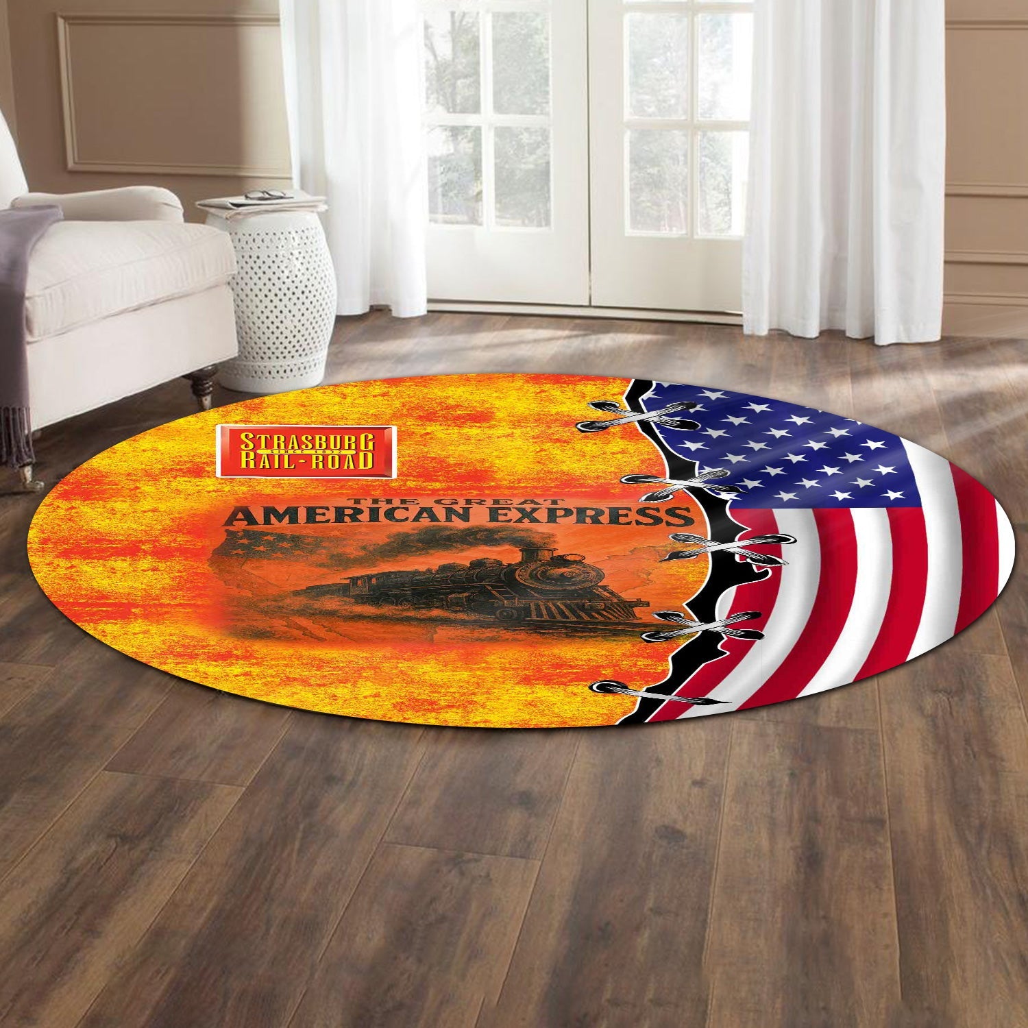 Railspirit Strasburg Railroad Round Mat Retro American Express Train With USA Flag Round Mat