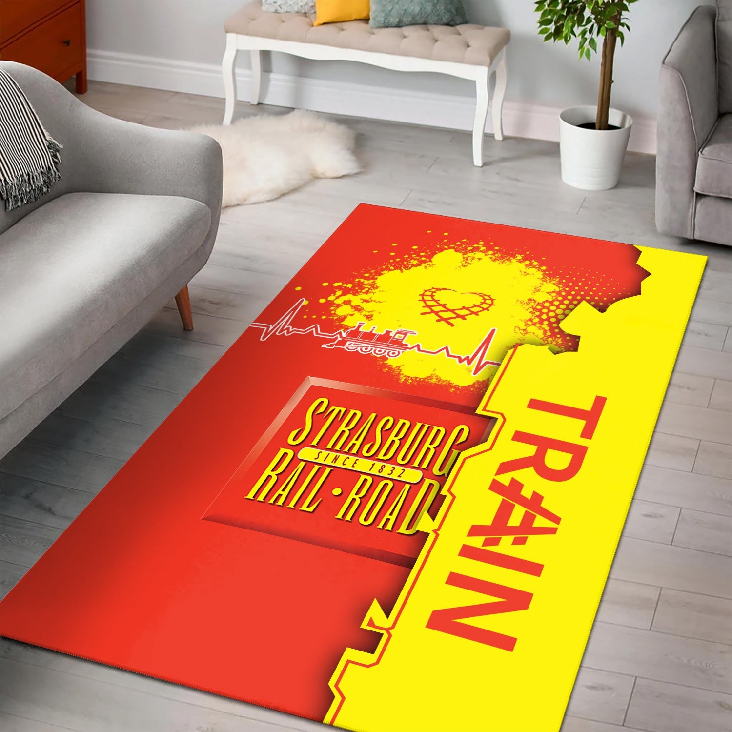 Railspirit Strasburg Railroad Area Rug Engine Heartbeat and Track Love Style Rug Gift Idea For Train Lovers