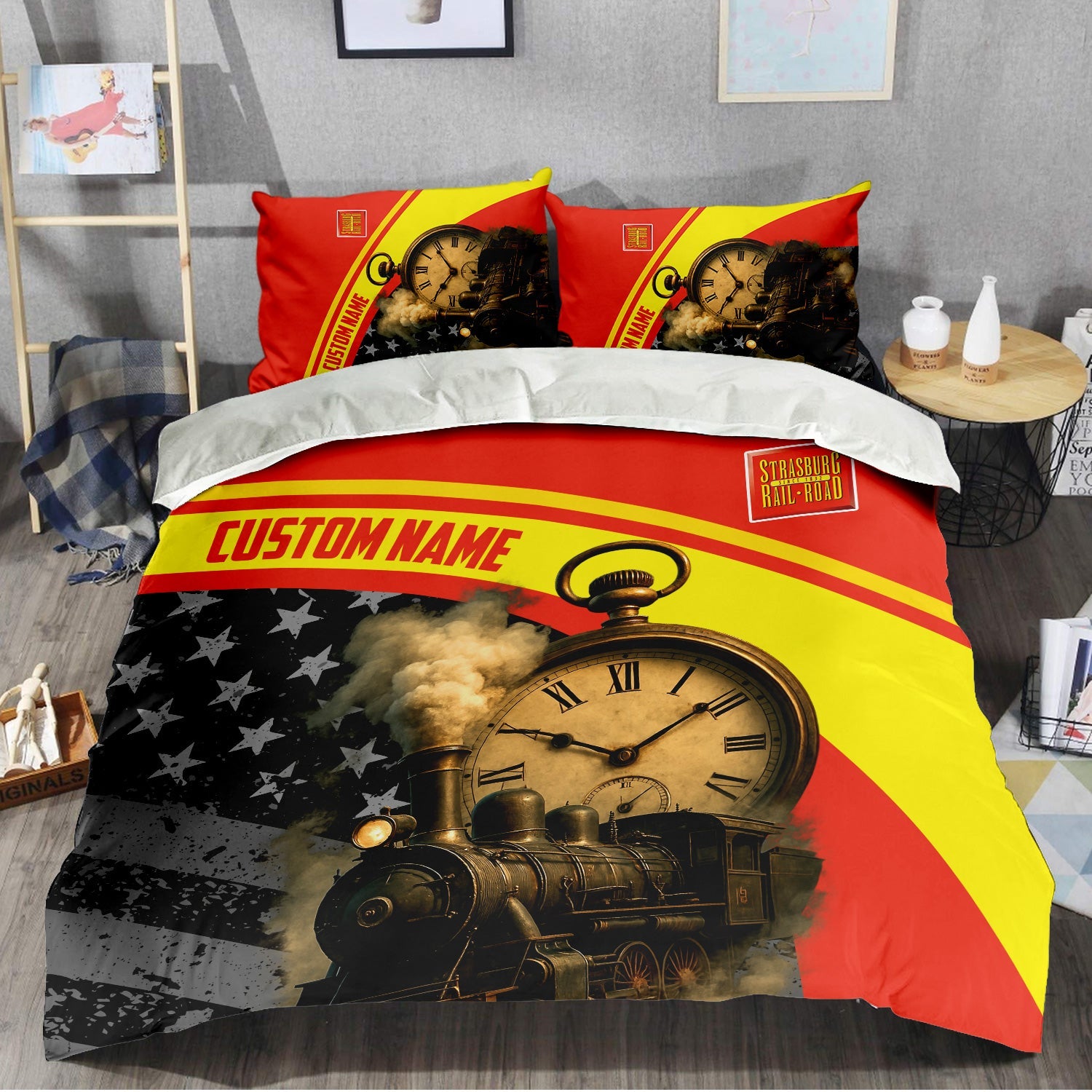Railspirit Personalized Strasburg Railroad Bedding Set Classic Steam Engine With Retro Pocket Watch Bedding Set All Over Print