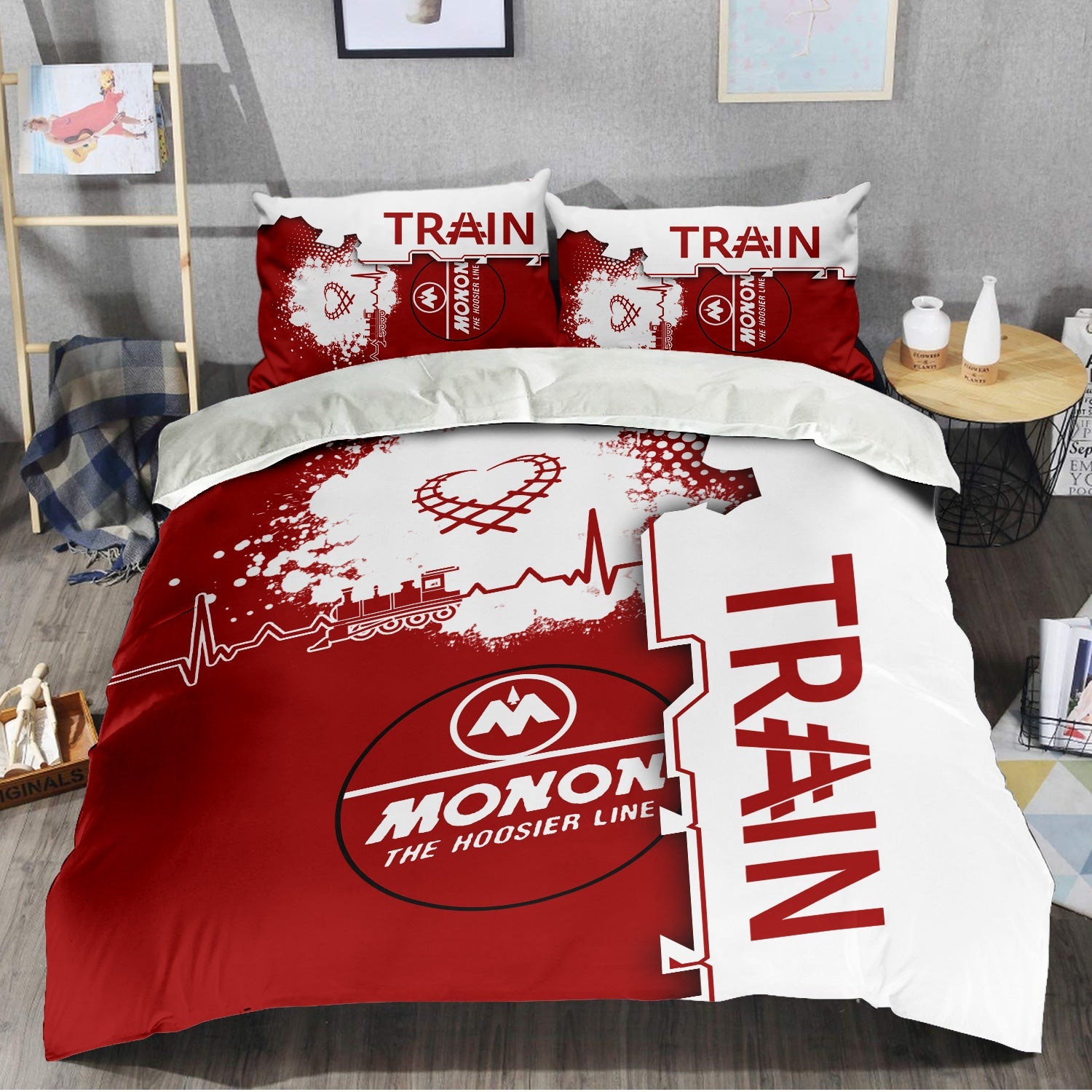 Railspirit Monon Railroad Bedding Set Engine Heartbeat and Track Love Style Bedding Set Gift Idea For Train Lovers