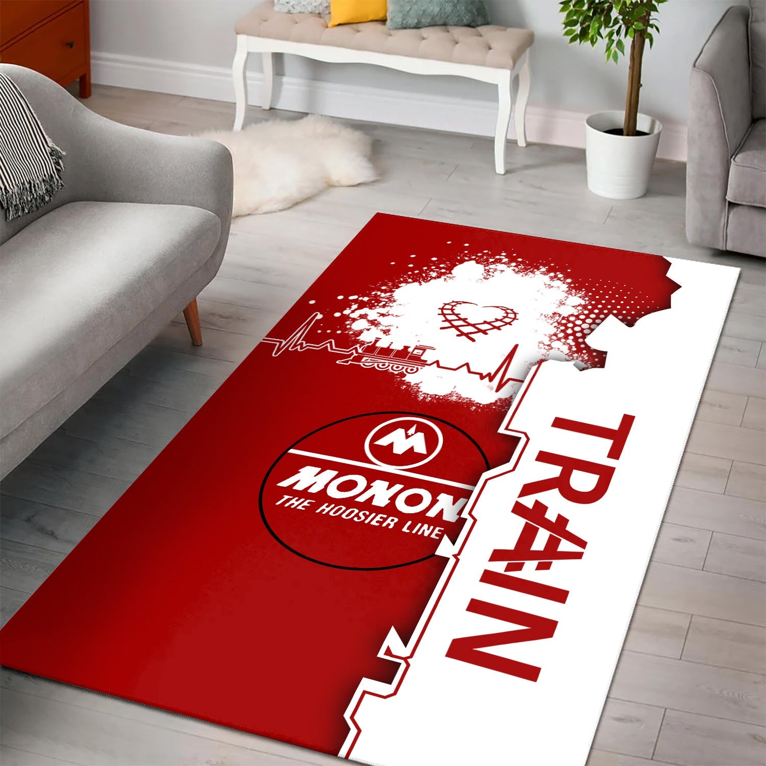 Railspirit Monon Railroad Area Rug Engine Heartbeat and Track Love Style Rug Gift Idea For Train Lovers