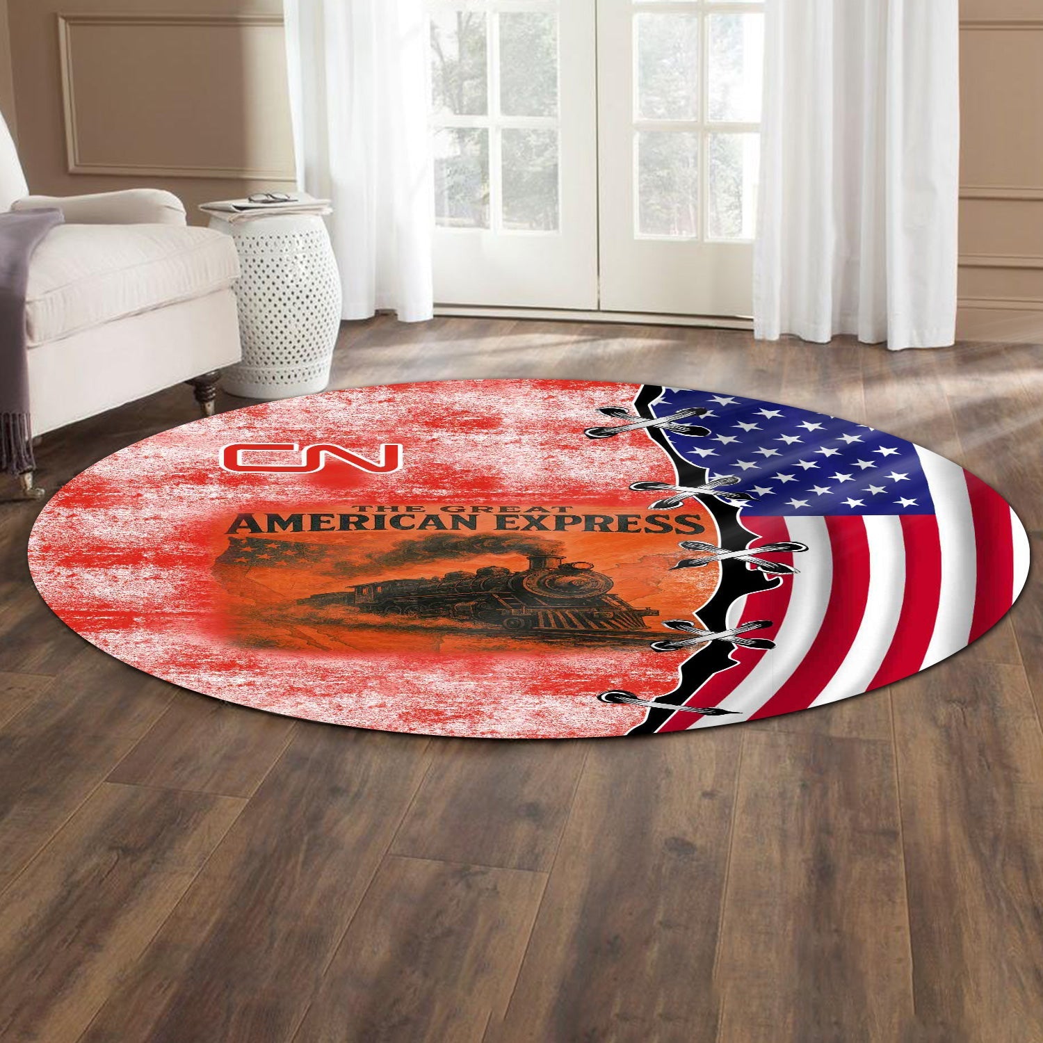 Railspirit Canadian National Railroad Round Mat Retro American Express Train With USA Flag Round Mat