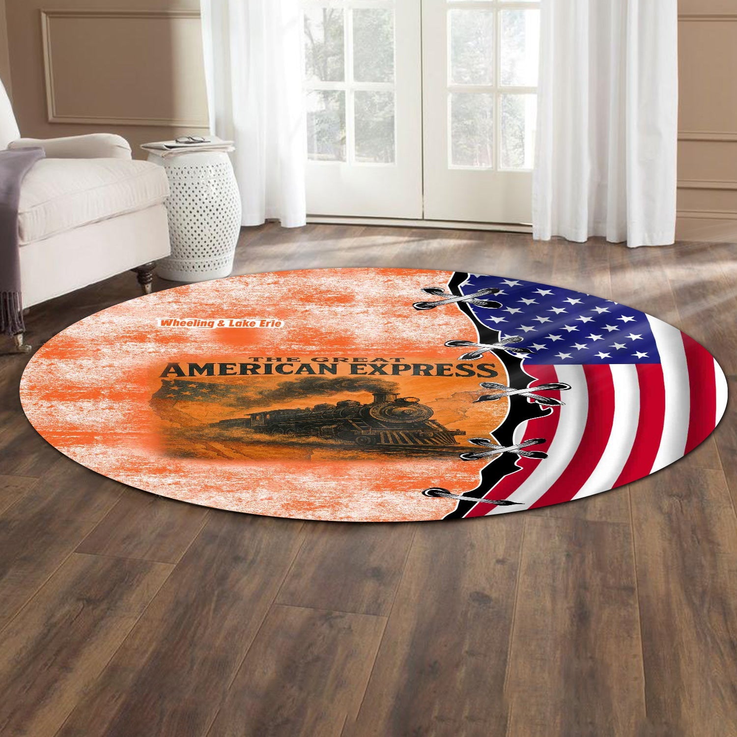 Railspirit Wheeling And Lake Erie Railroad Round Mat Retro American Express Train With USA Flag Round Mat