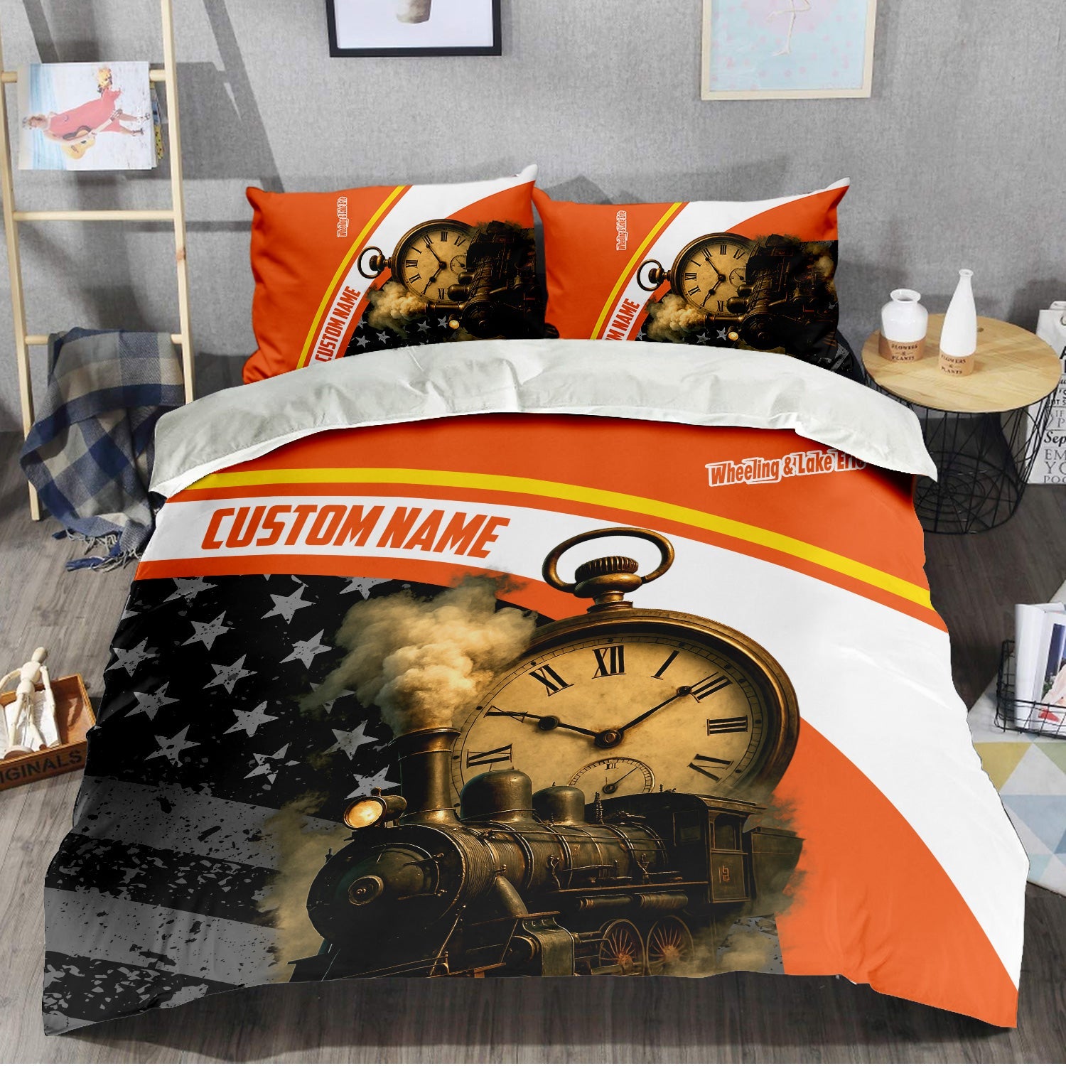 Railspirit Personalized Wheeling And Lake Erie Railroad Bedding Set Classic Steam Engine With Retro Pocket Watch Bedding Set All Over Print