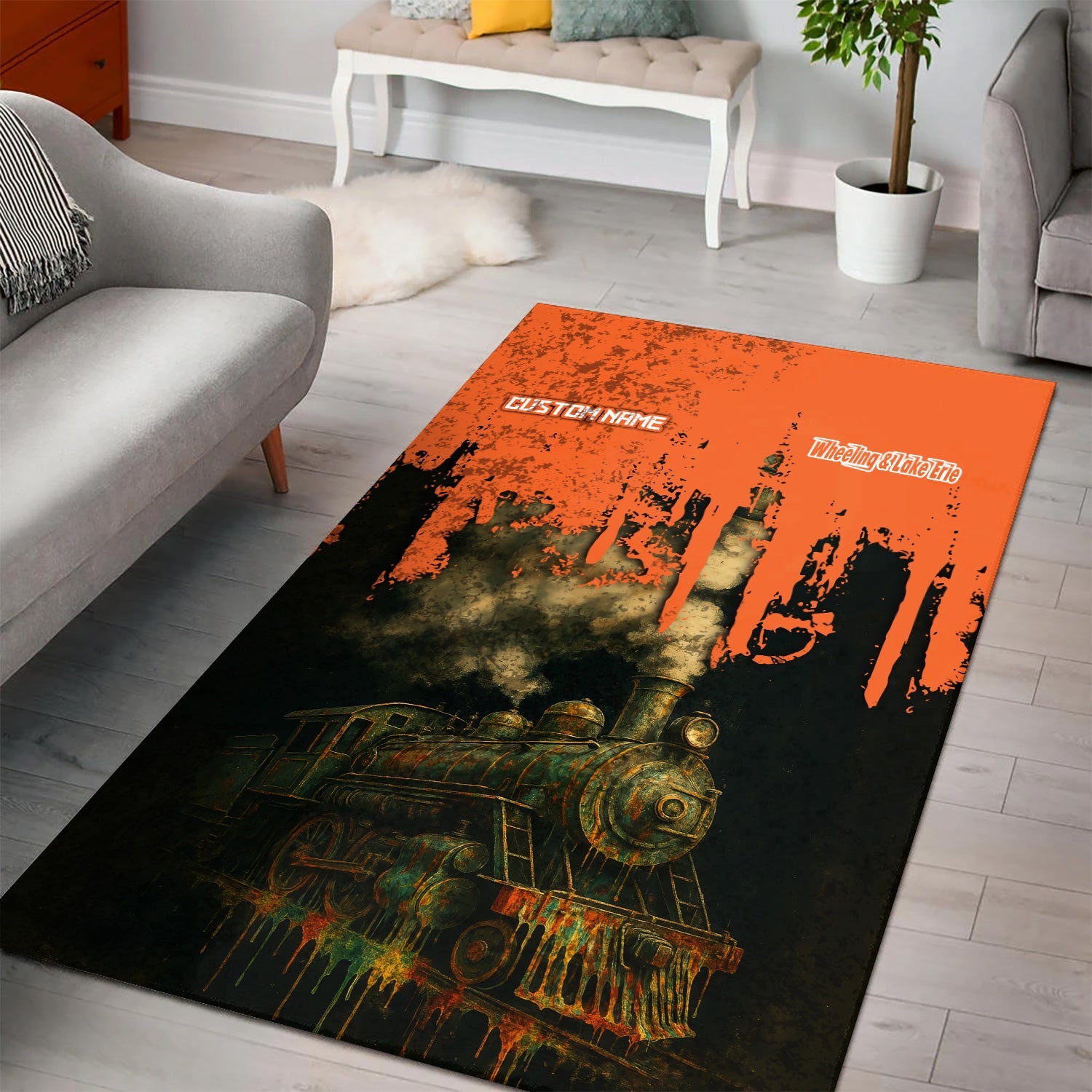 Railspirit Personalized Wheeling And Lake Erie Railroad Area Rug Vintage Train Art Style Rug For Locomotive Fans