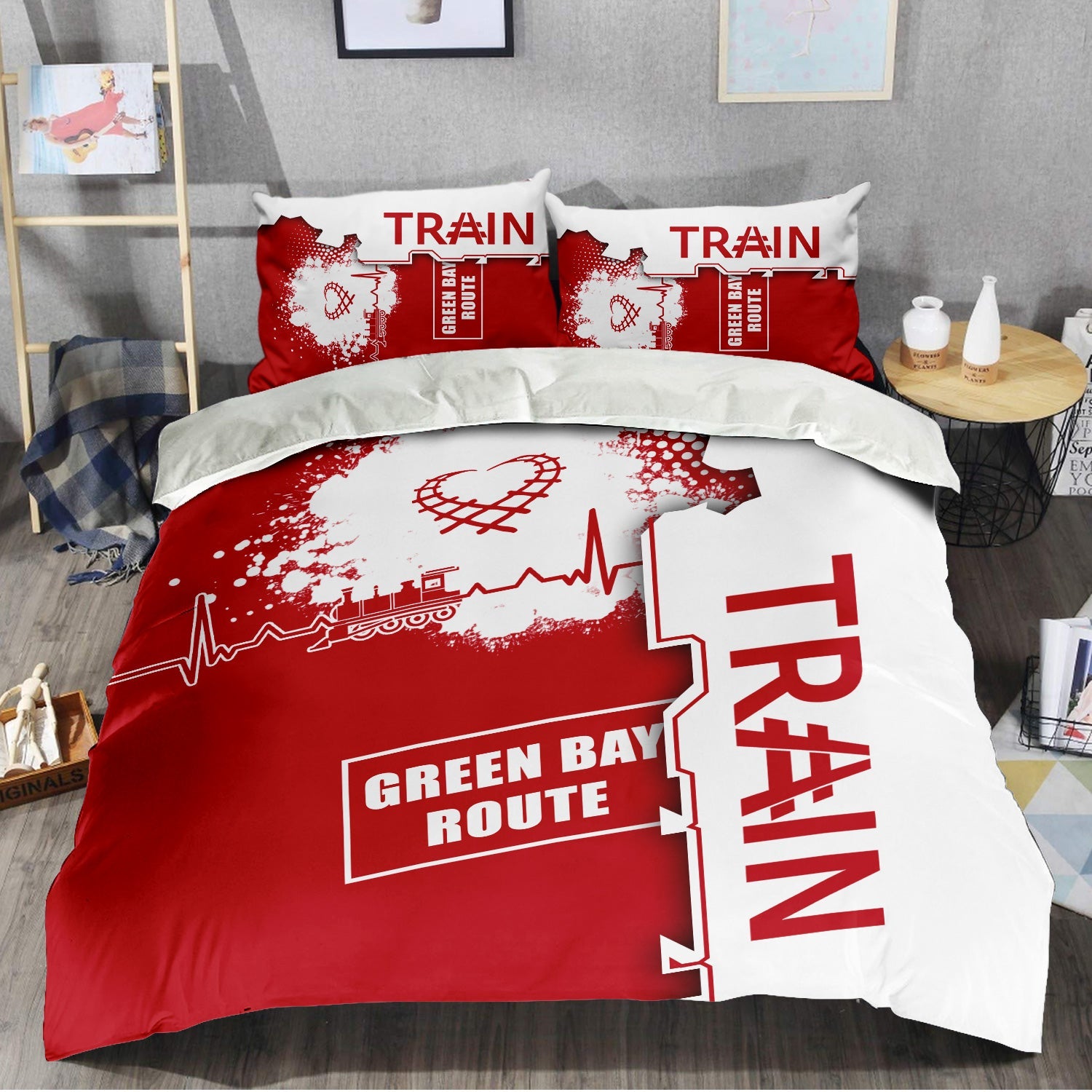 Railspirit Green Bay & Western Railroad Bedding Set Engine Heartbeat and Track Love Style Bedding Set Gift Idea For Train Lovers