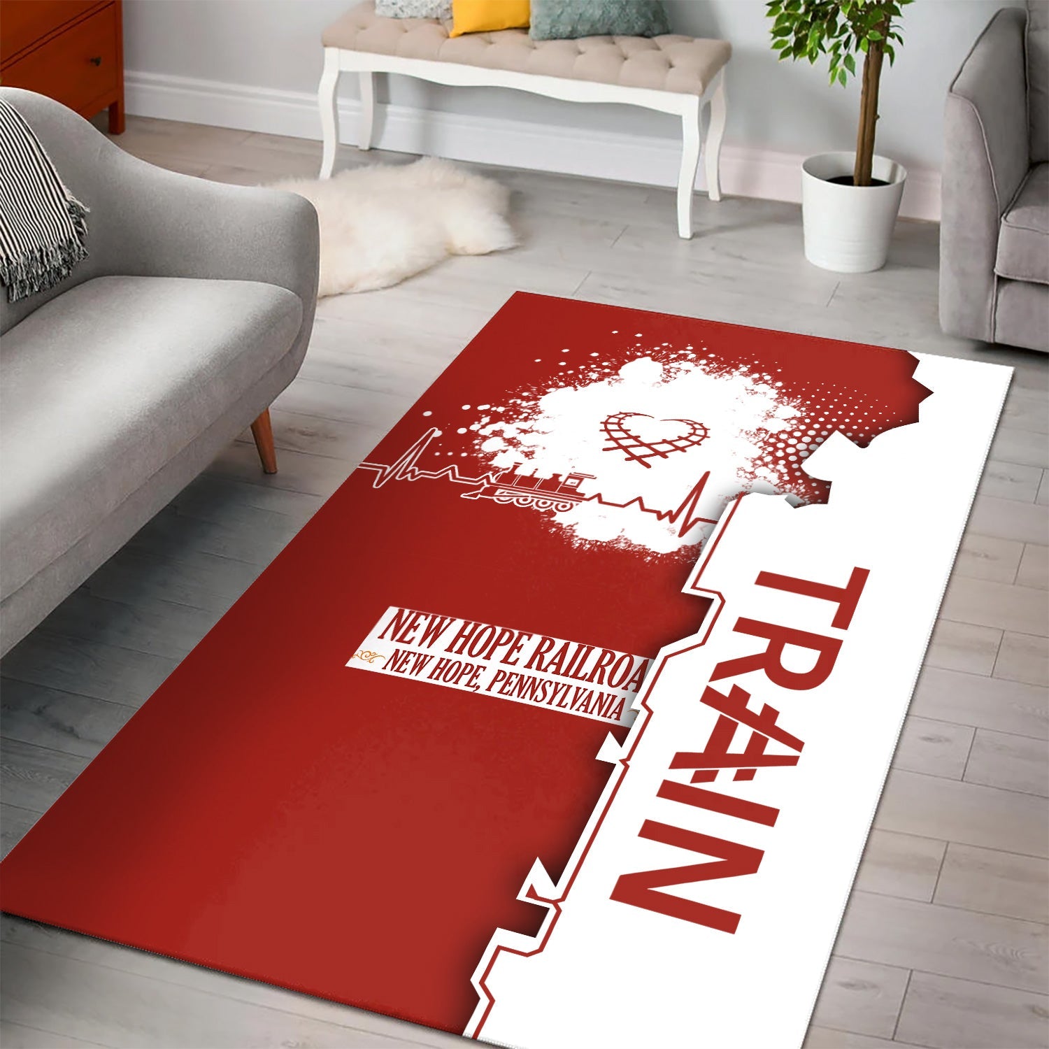 Railspirit New Hope Railroad Area Rug Engine Heartbeat and Track Love Style Rug Gift Idea For Train Lovers