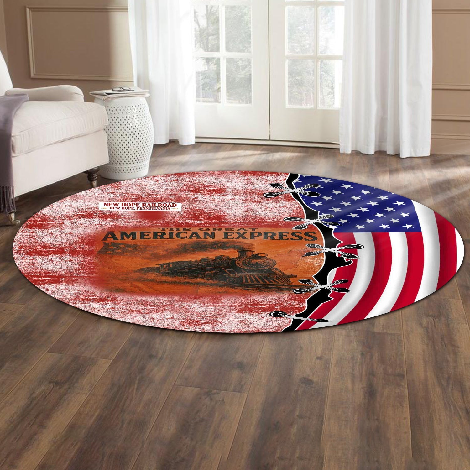 Railspirit New Hope Railroad Round Mat Retro American Express Train With USA Flag Round Mat