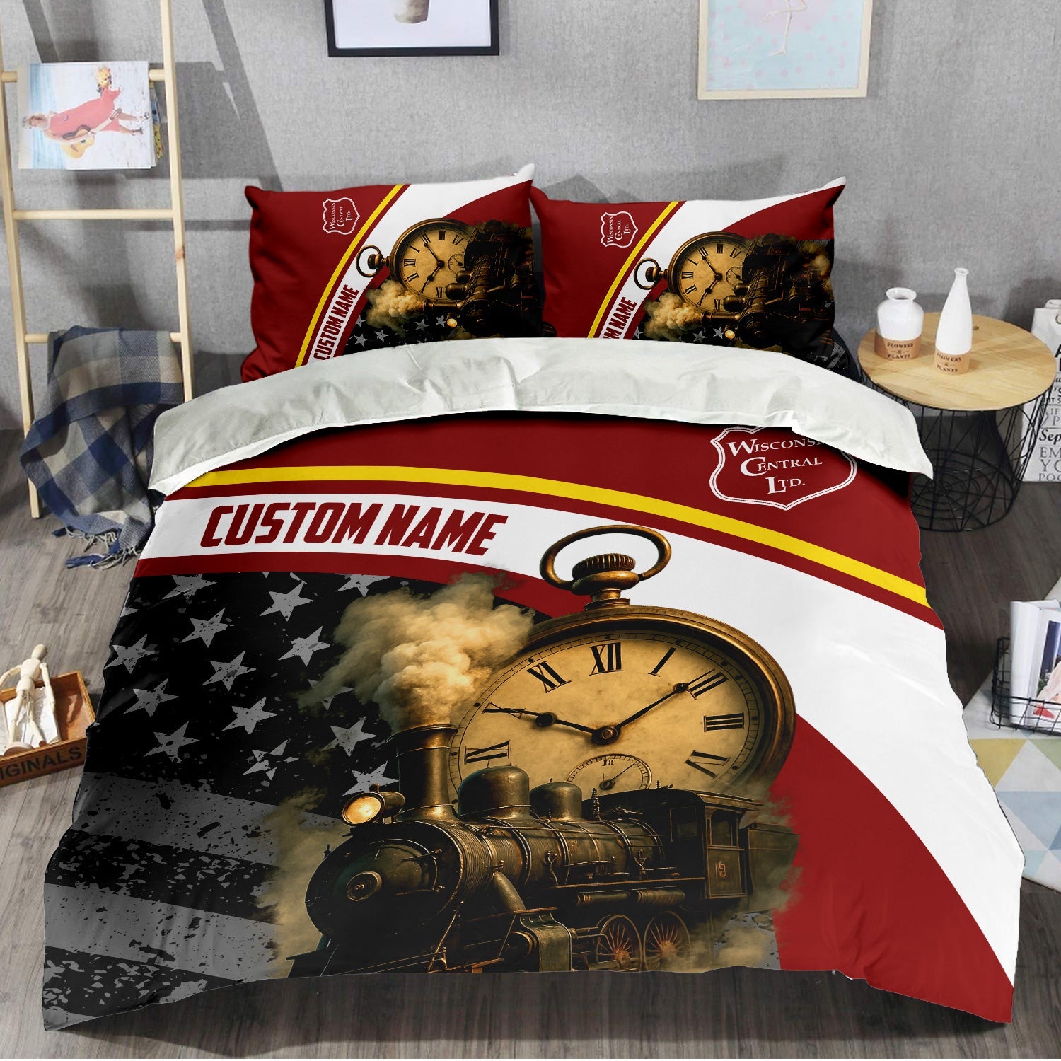 Railspirit Personalized Wisconsin Central Ltd Railroad Bedding Set Classic Steam Engine With Retro Pocket Watch Bedding Set All Over Print