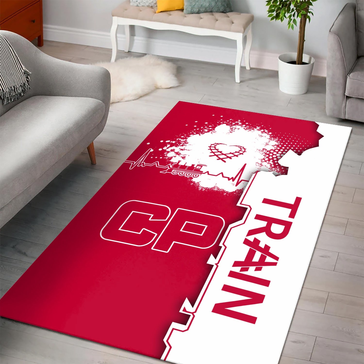 Railspirit Canadian Pacific Railroad Area Rug Engine Heartbeat and Track Love Style Rug Gift Idea For Train Lovers