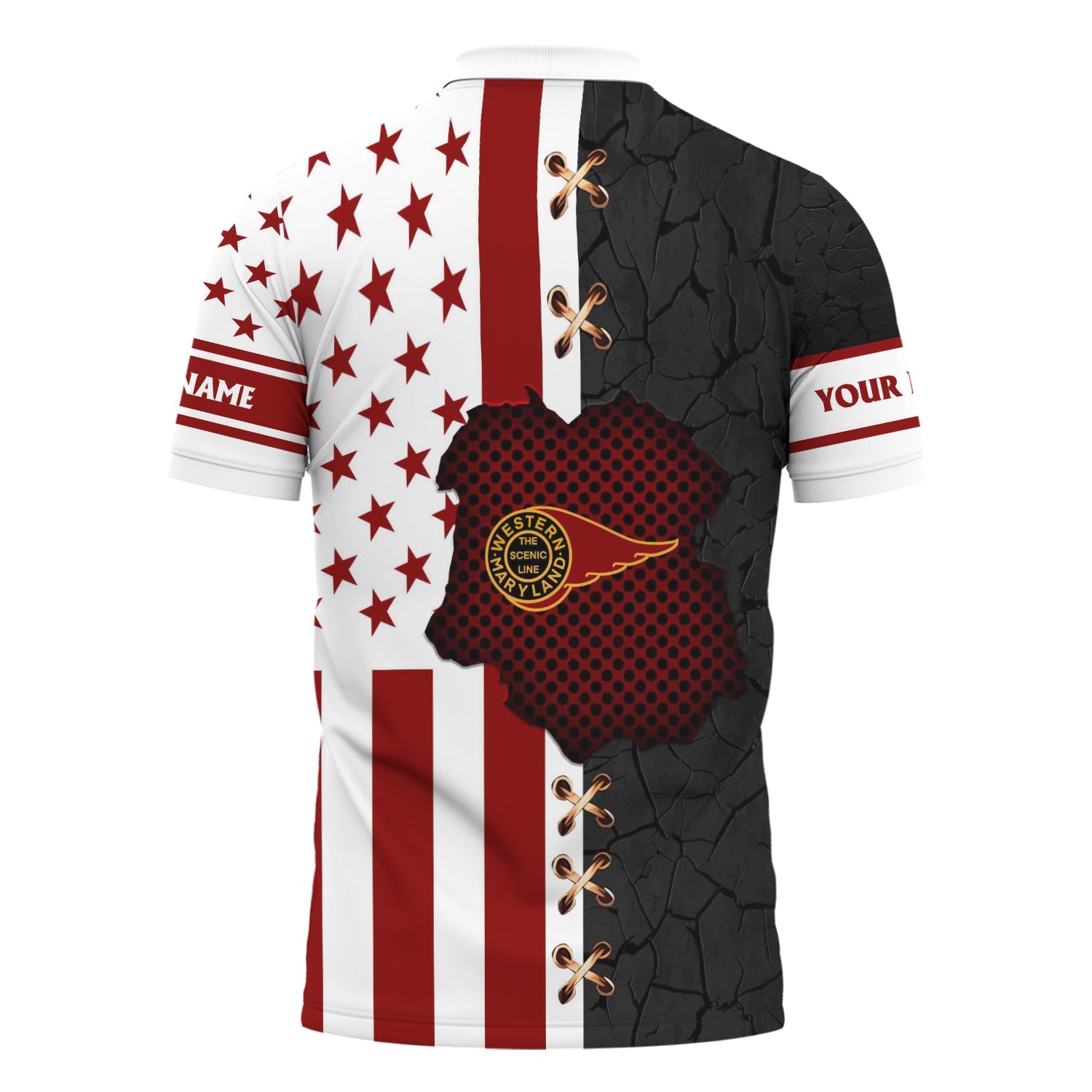 Railspirit Personalized Western Maryland Railway Polo Shirt American Flag with Crack Effect Train Shirt