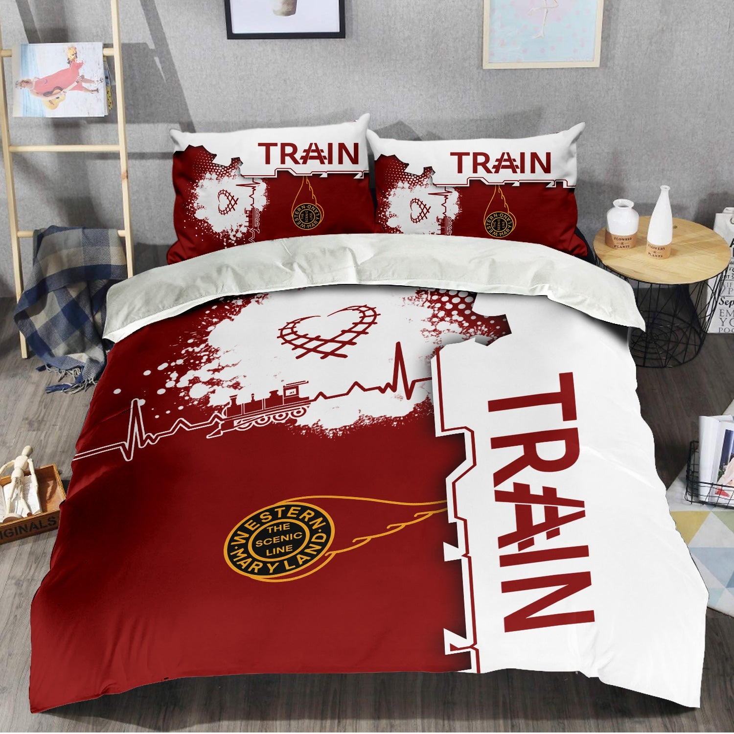Railspirit Western Maryland Railway Bedding Set Engine Heartbeat and Track Love Style Bedding Set Gift Idea For Train Lovers