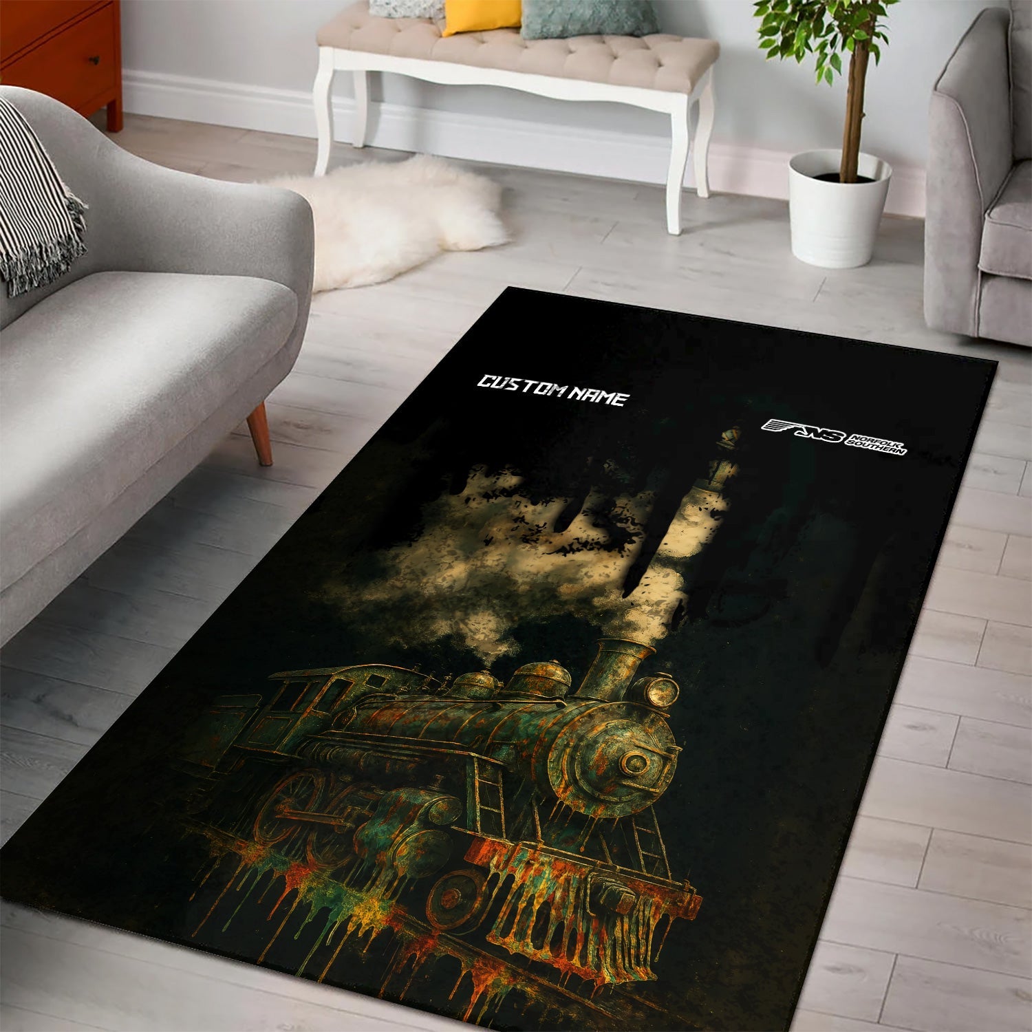 Railspirit Personalized Norfolk Southern Railway Area Rug Vintage Train Art Style Rug For Locomotive Fans
