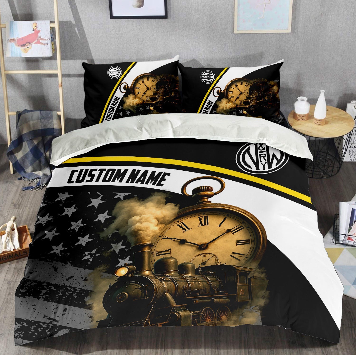 Railspirit Personalized Norfolk and Western Railway Bedding Set Classic Steam Engine With Retro Pocket Watch N&W Bedding Set All Over Print