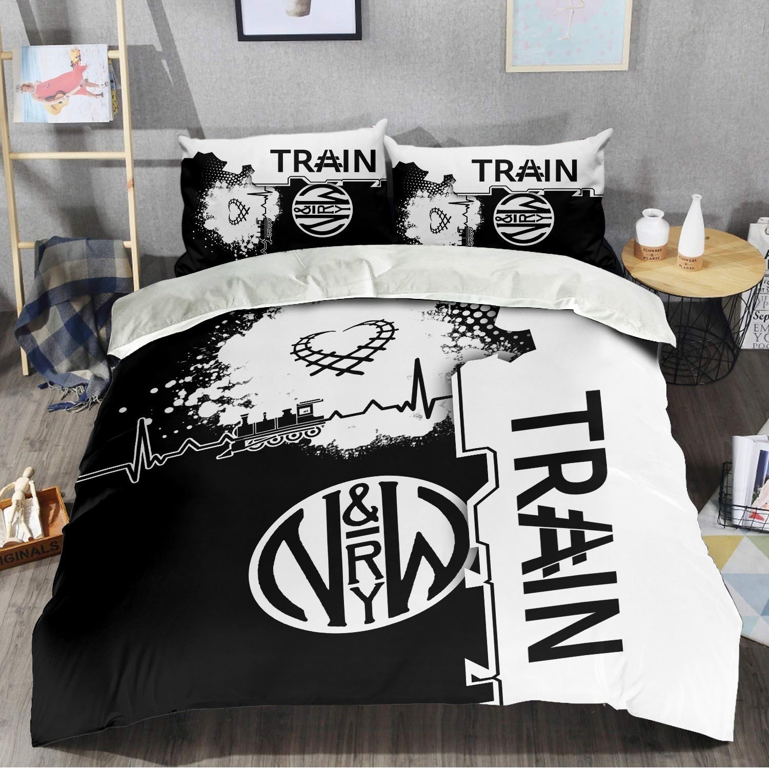 Railspirit Norfolk and Western Railway Bedding Set Engine Heartbeat and Track Love Style N&W Bedding Set Gift Idea For Train Lovers