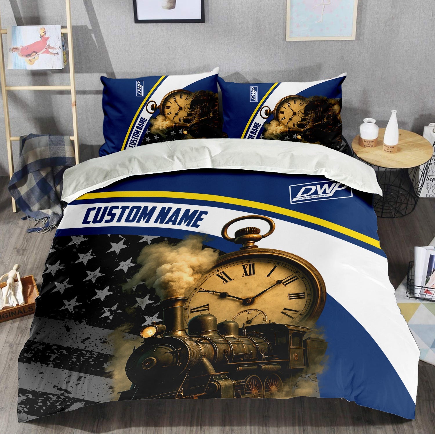 Railspirit Personalized Duluth, Winnipeg and Pacific Railway Bedding Set Classic Steam Engine With Retro Pocket Watch Bedding Set All Over Print