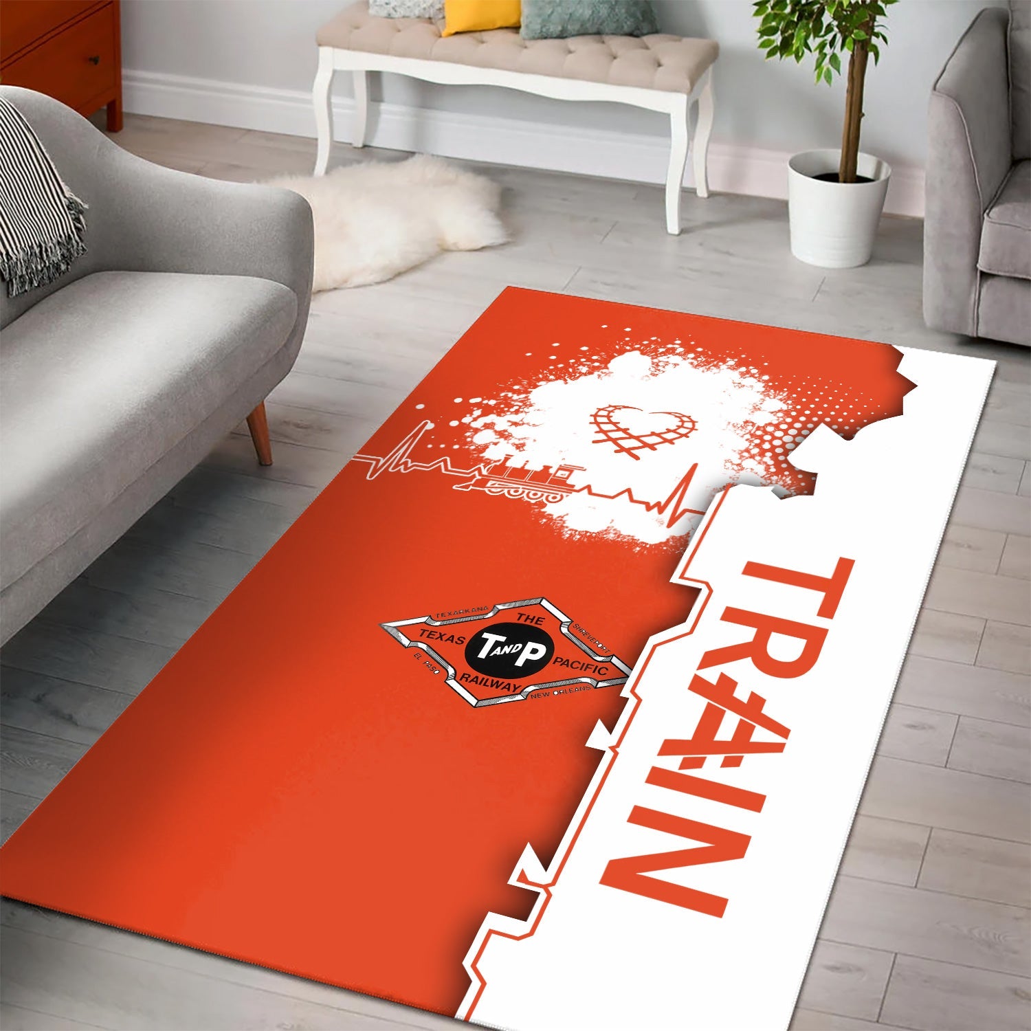 Railspirit Texas and Pacific Railway Area Rug Engine Heartbeat and Track Love Style Rug Gift Idea For Train Lovers