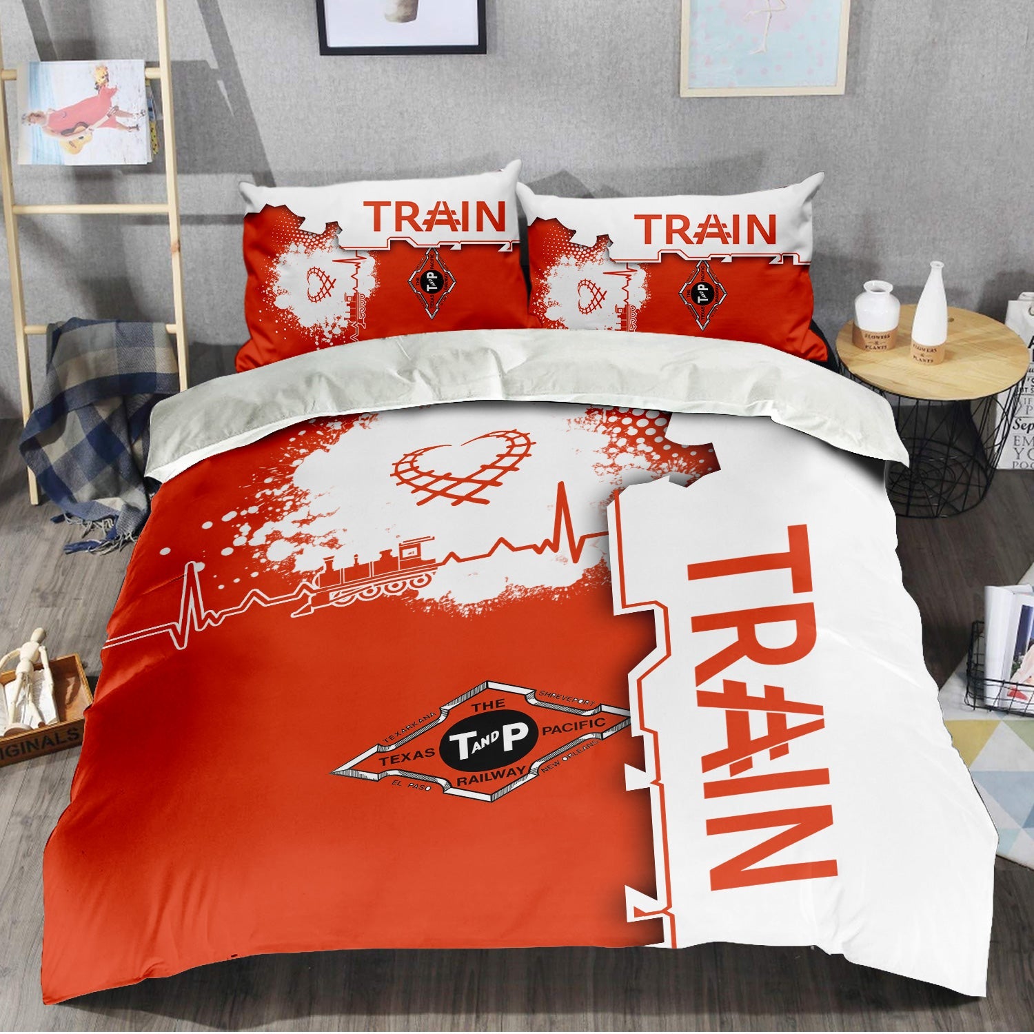 Railspirit Texas and Pacific Railway Bedding Set Engine Heartbeat and Track Love Style Bedding Set Gift Idea For Train Lovers