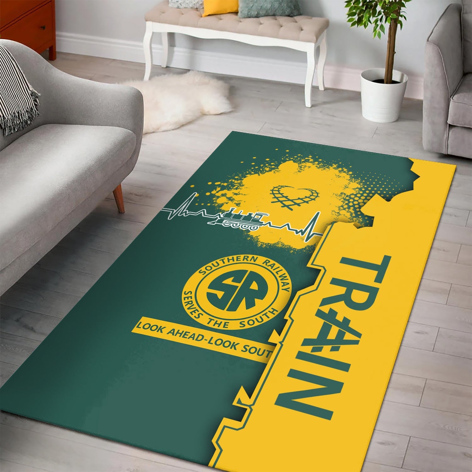 Railspirit Southern Railway U.S Area Rug Engine Heartbeat and Track Love Style SOU Rug Gift Idea For Train Lovers