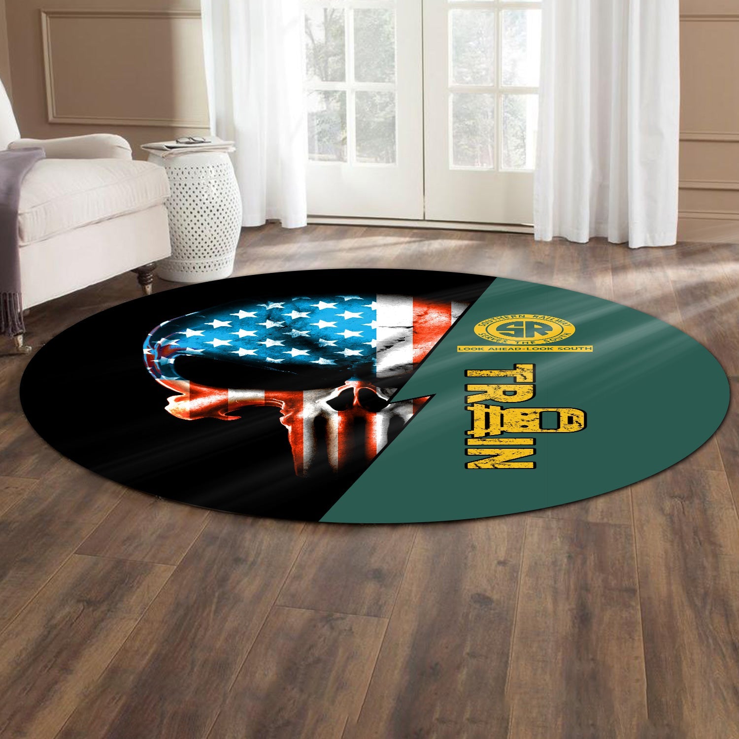 Railspirit Southern Railway U.S Round Mat Train Skull American Flag Style SOU Mat All Over Print