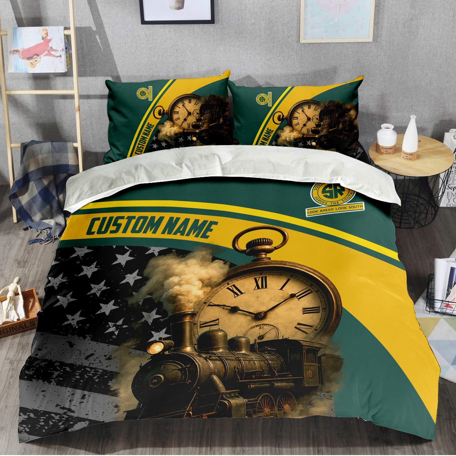 Railspirit Personalized Southern Railway U.S Bedding Set Classic Steam Engine With Retro Pocket Watch SOU Bedding Set All Over Print